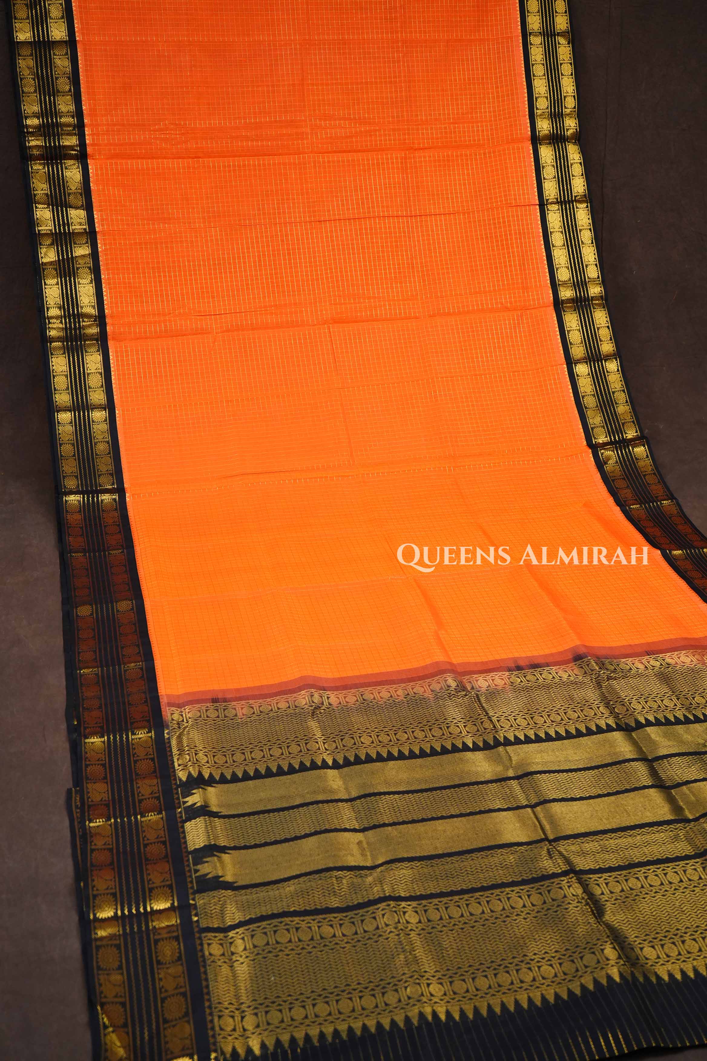 Orange With Black Pure Kanchi Silk Cotton Saree