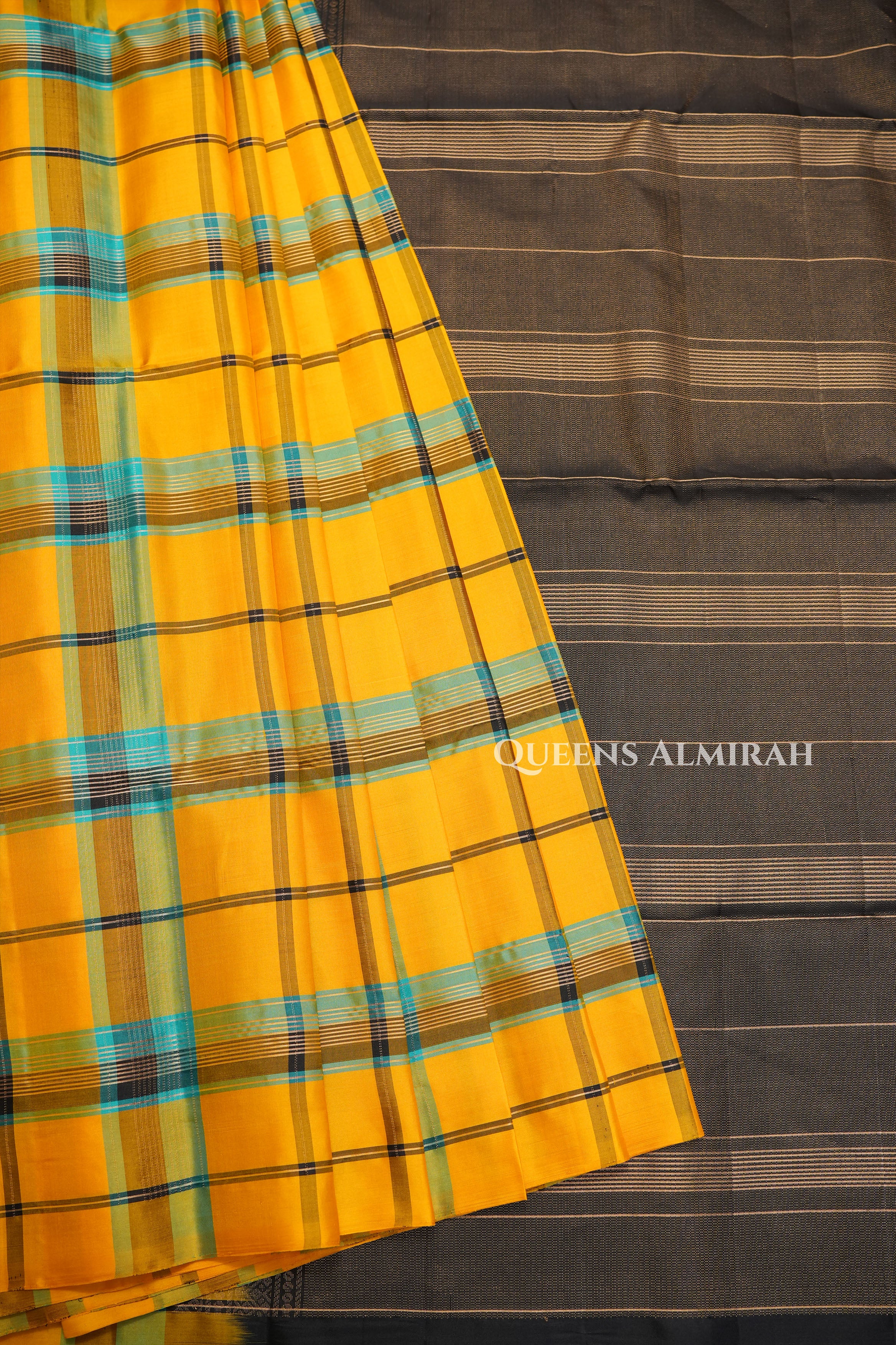 Yellow With Turquoise Blue Burberry Checks Pure Soft Silk Saree