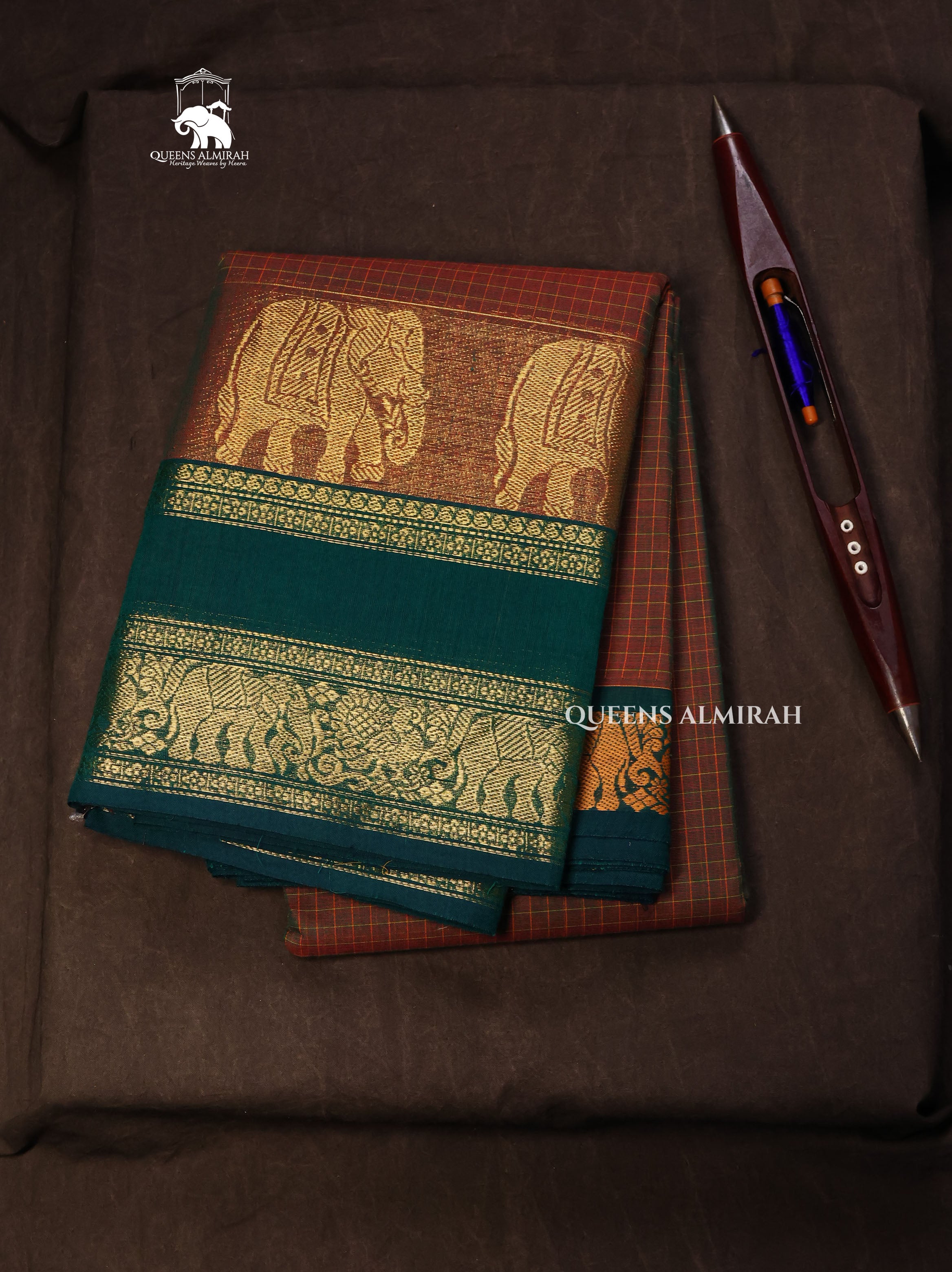 Brown Kattam With Green Kanchi Cotton Saree