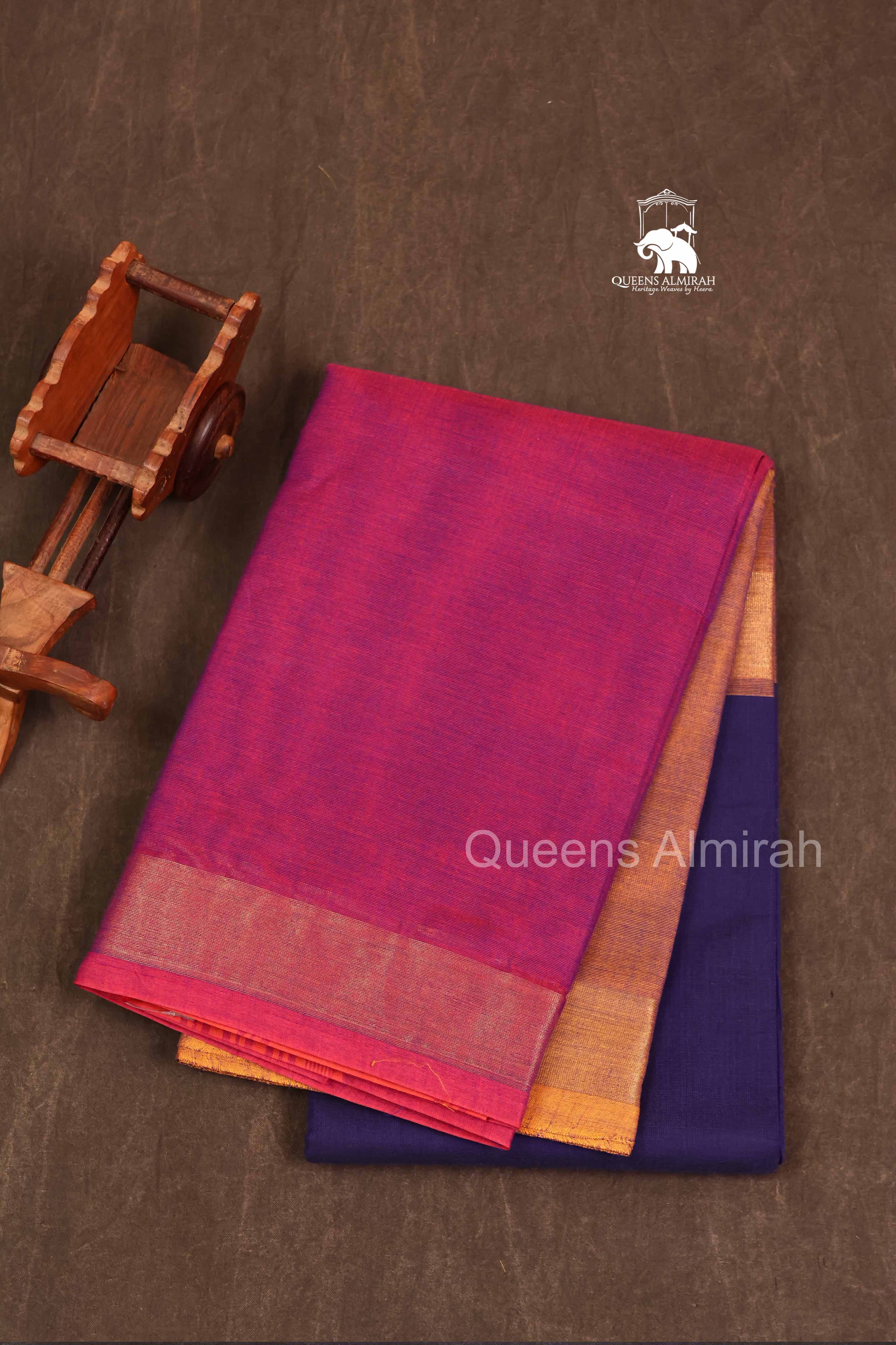 Dark Navy Blue With Yellow And Pink Chettinad Cotton Saree