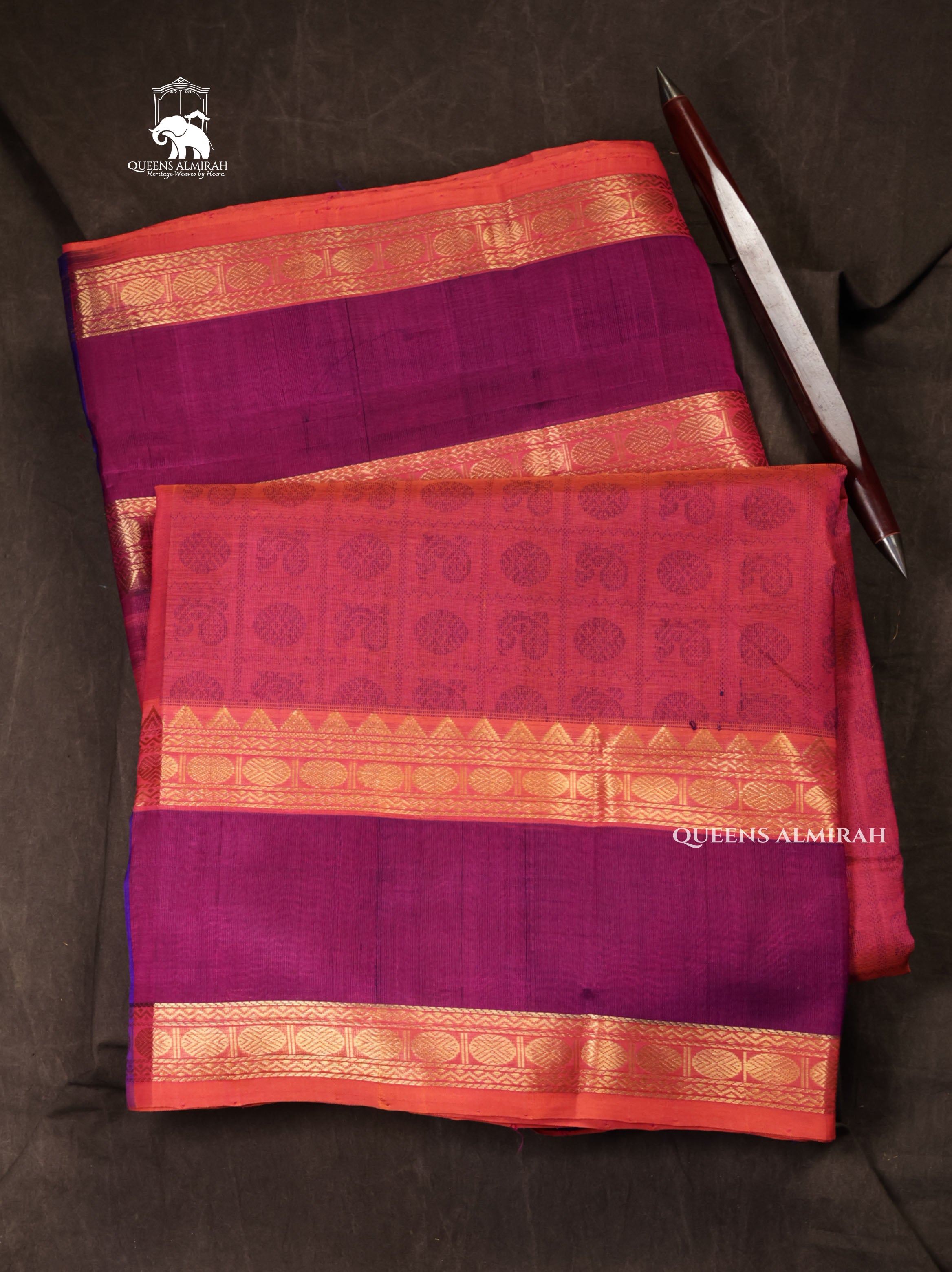 Coral Peach With Purple Pure Silk Cotton Saree