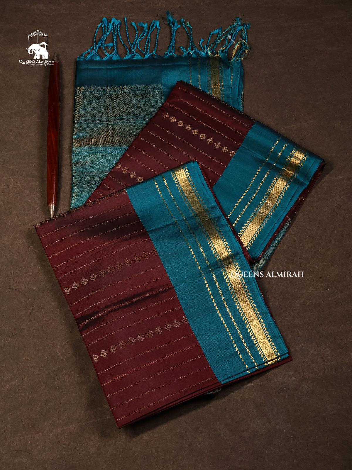 Brown With Rama Blue Pure Soft Silk Saree
