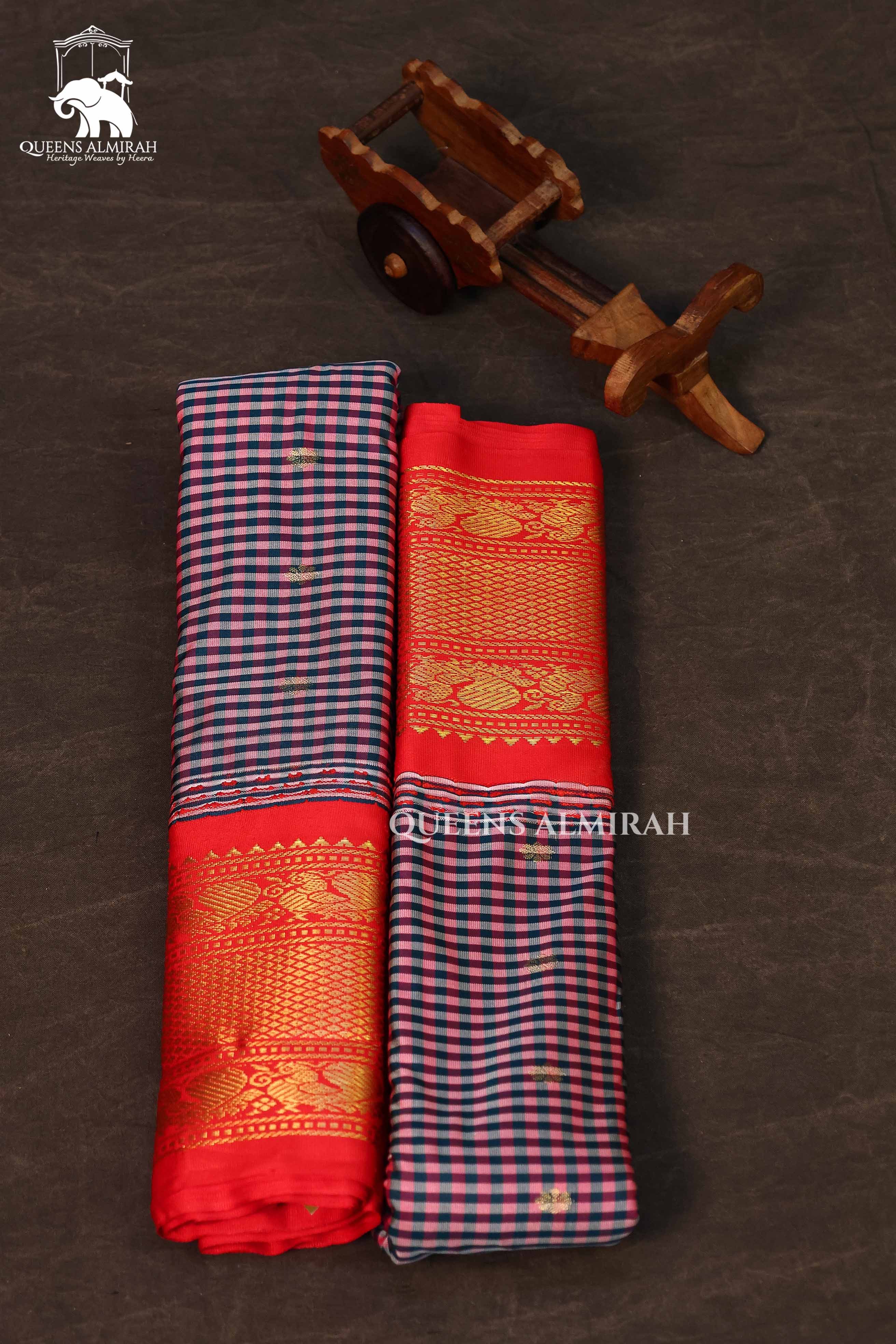 Navy Blue And Pink Kattam With Red Semi Gadwal Silk Saree
