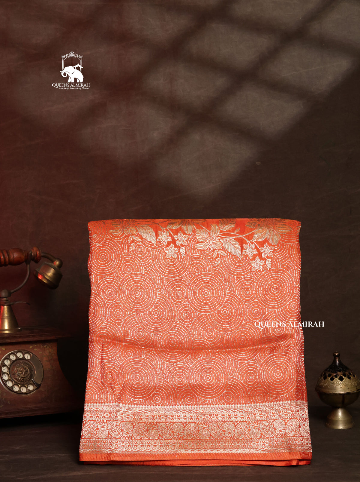 Rust Orange Banarasi Satin Silk Saree