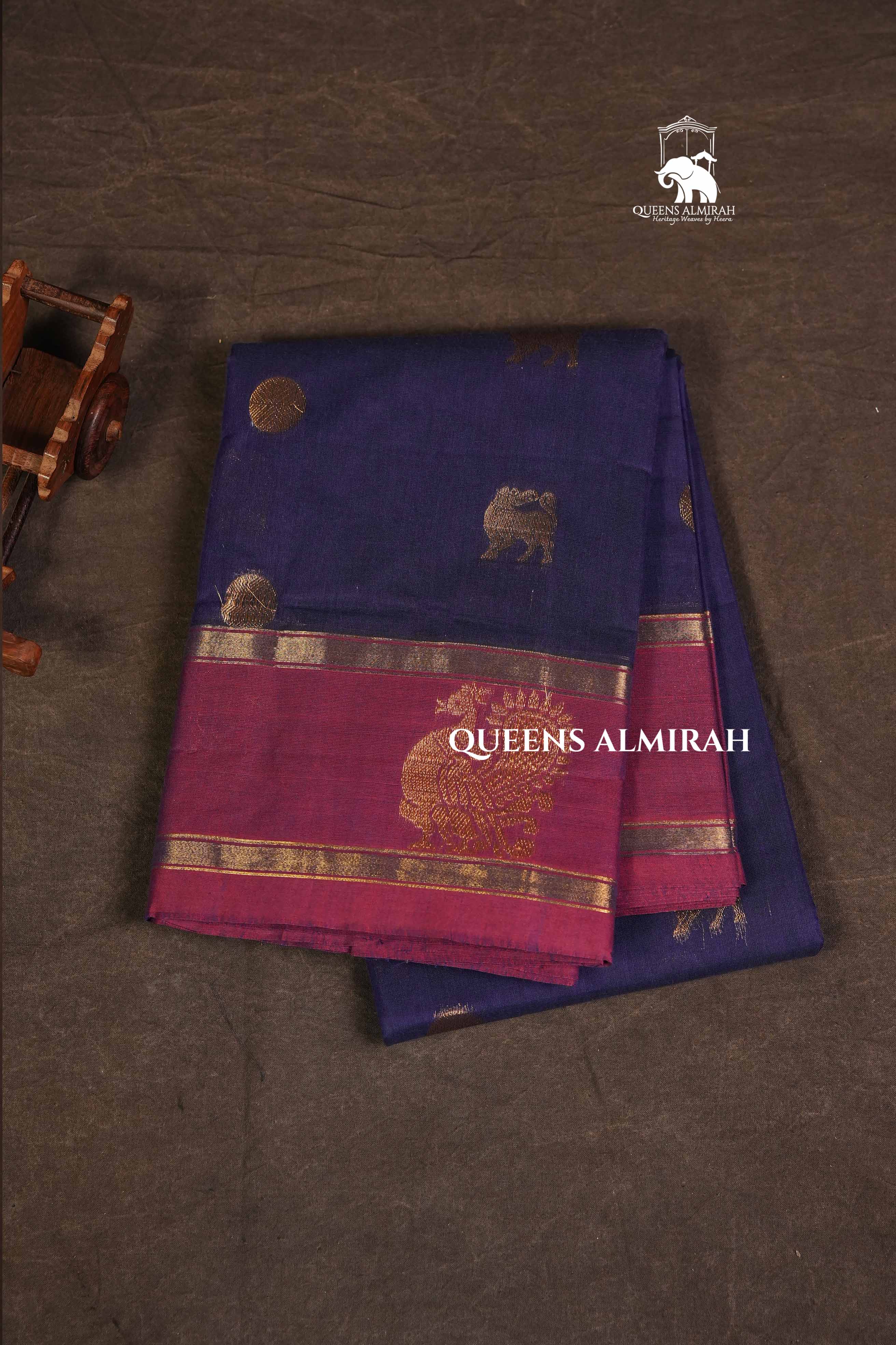 Navy Blue With Pink Peacocok Border Kanchi Cotton Saree