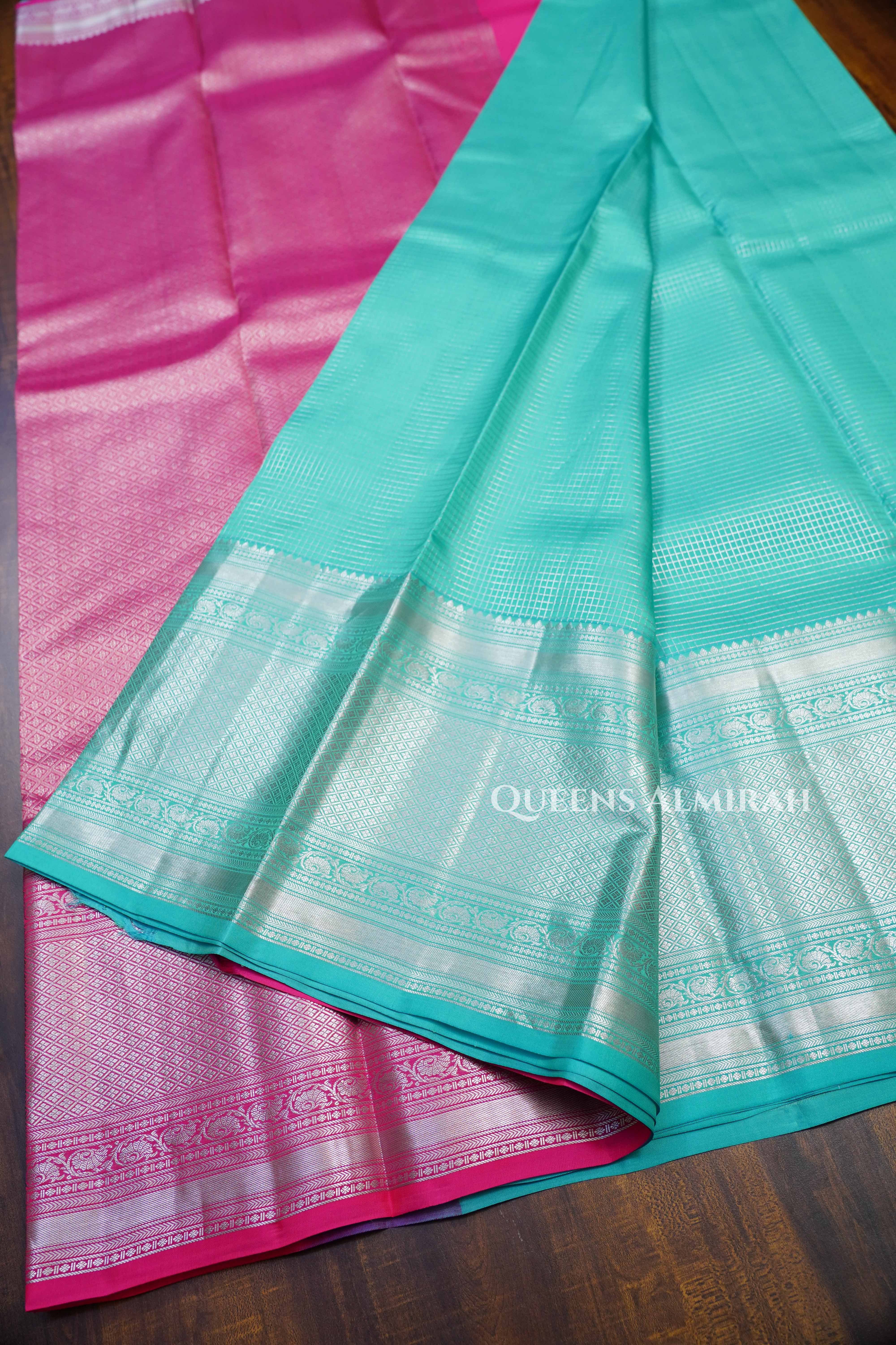 Pastel Shade Of Blue With Pink Kanchivaram Silk Saree