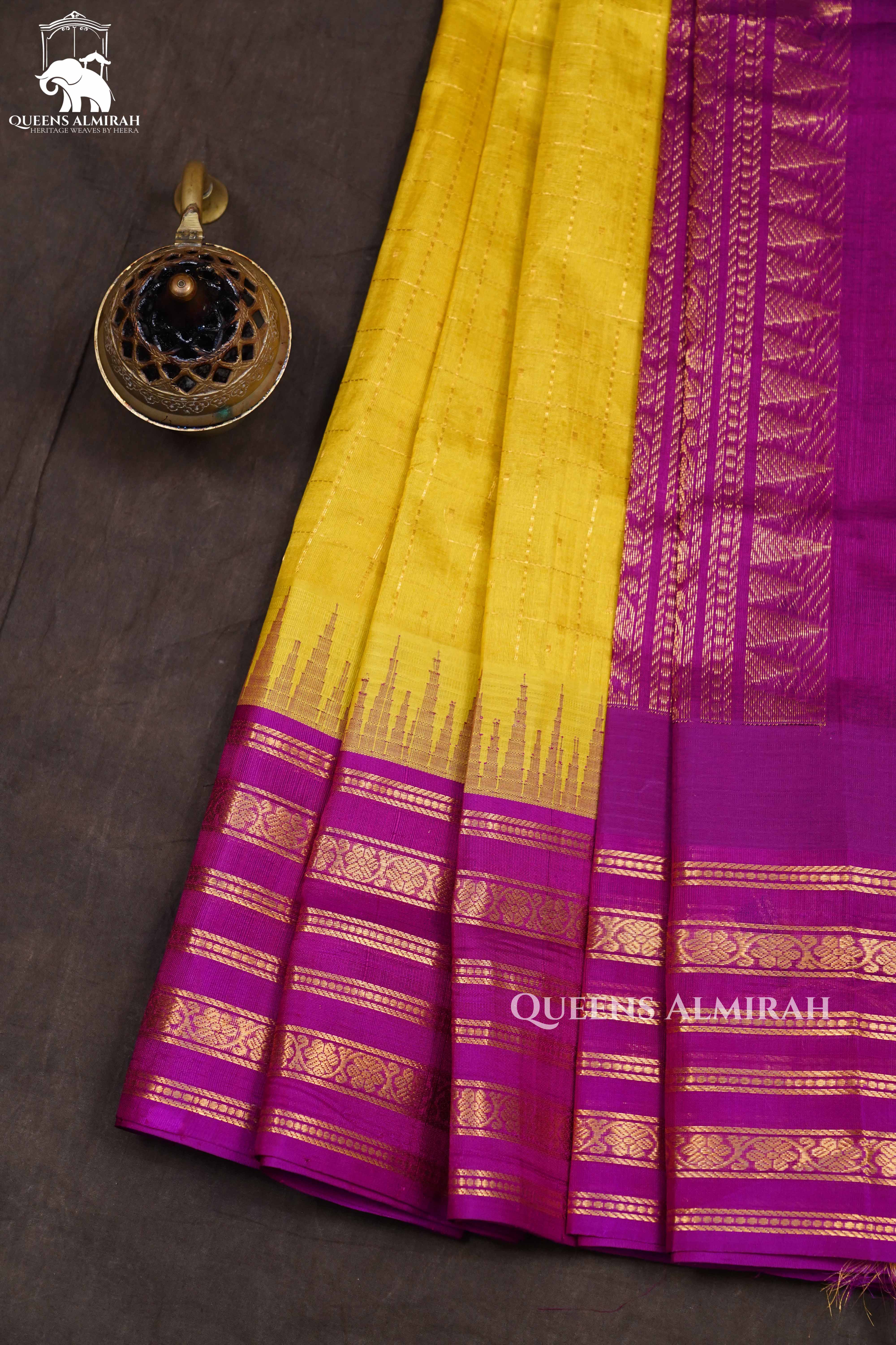 Bright Yellow With Purple Pure Silk Cotton Saree