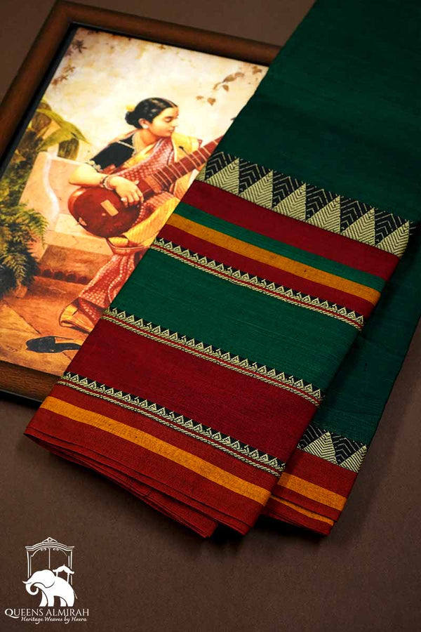 PALM GREEN WITH MULTI COLOUR LONG BRODER  NARAYANPET COTTON SAREE - Queens Jewel Emporium