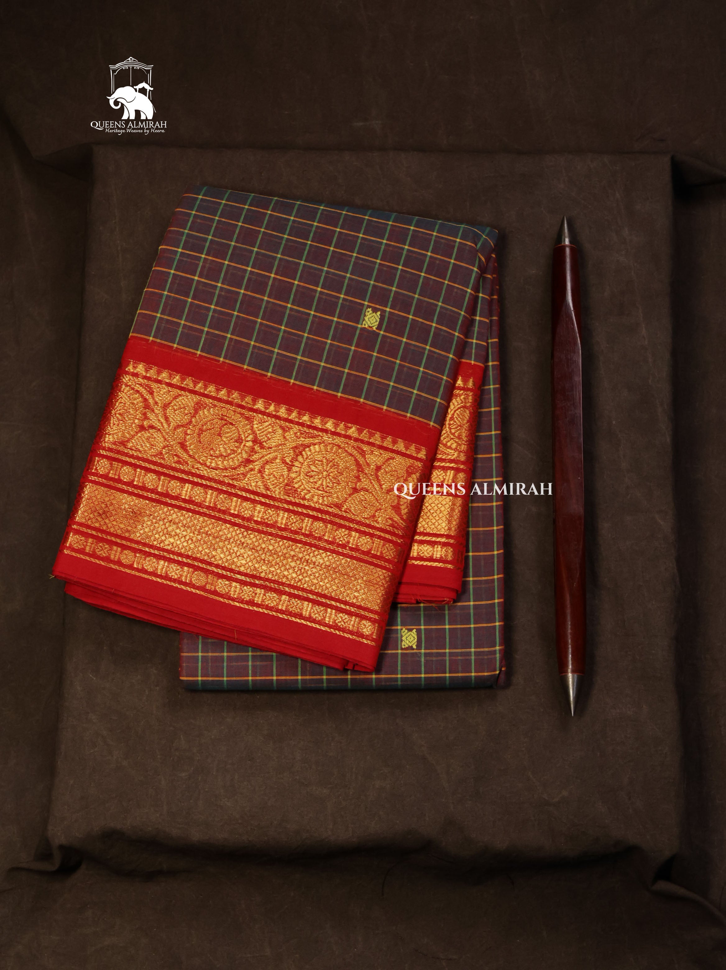 Dark Brown With Red Kanchi Cotton Saree