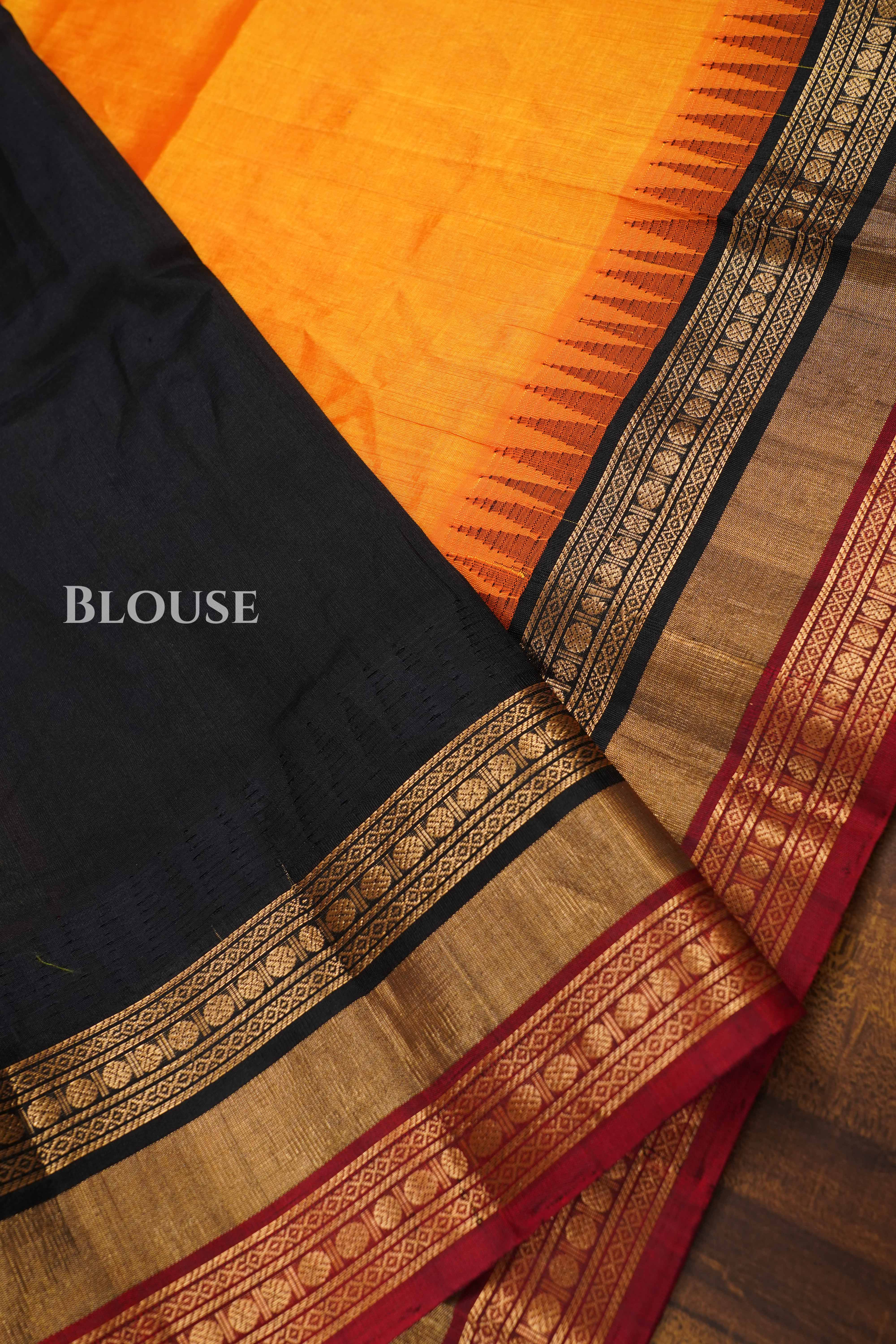 Orange With Maroon And Black Pure Silk Cotton Saree