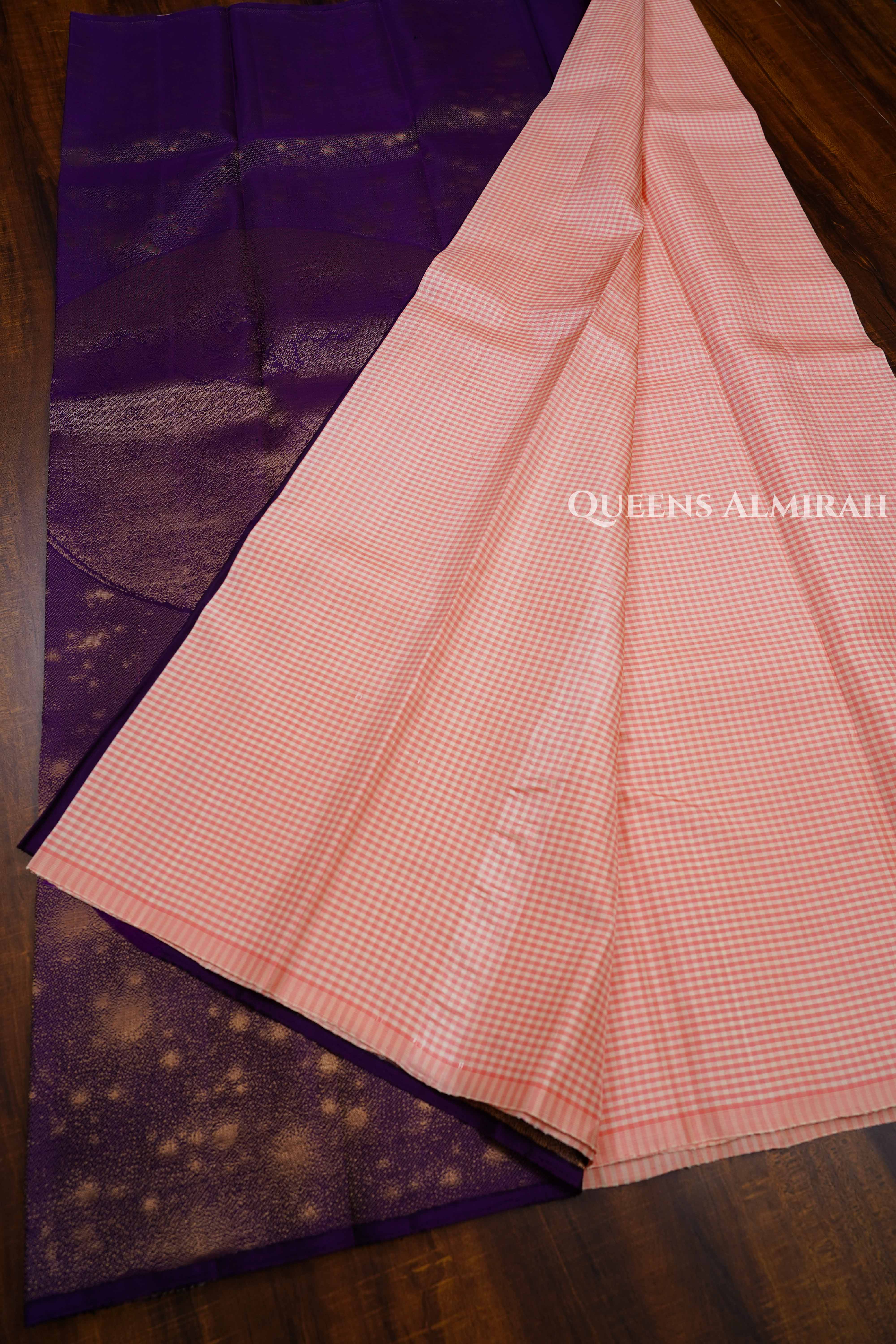 Peach Orange With Purple Pure Soft Silk Saree