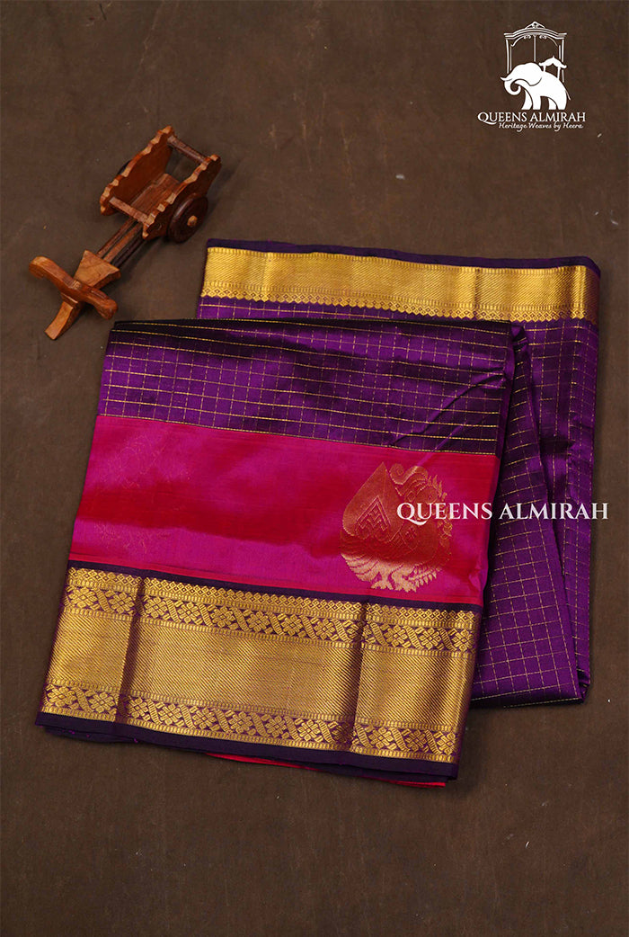 Jamun Fruit Purple With Pink Peacock Border Pure Silk Cotton Saree