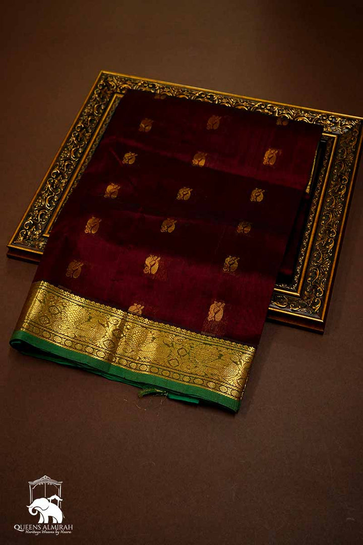 DARK MAROON WITH LEAF GREEN KANCHI SILK COTTON SAREE - Queens Jewel Emporium