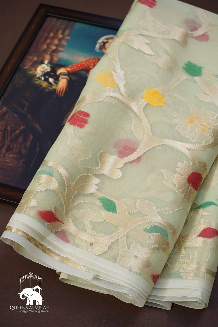 SANDAL MUSLIN JAMDANI SAREE - Queens Jewel Emporium