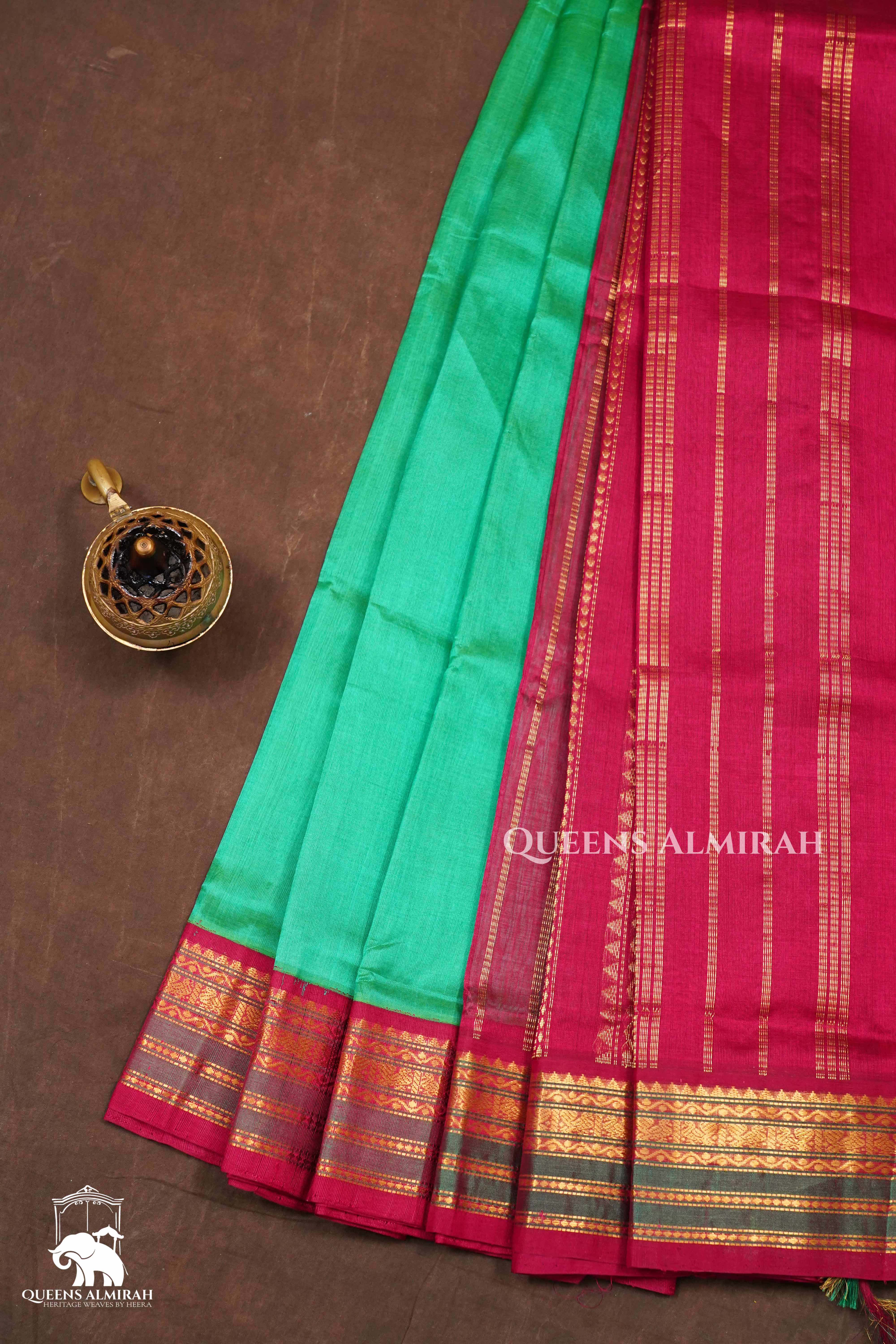 Sea Green With Rani Pink Pure Kanchi Silk Cotton Saree