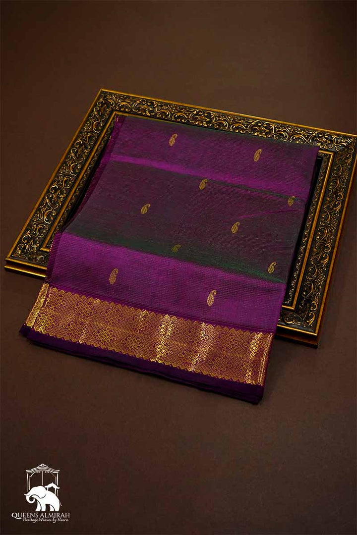 PURE KANCHI SILK COTTON  - VAIRA OOSI DEEP PURPLE SELF BORDER - Queens Jewel Emporium