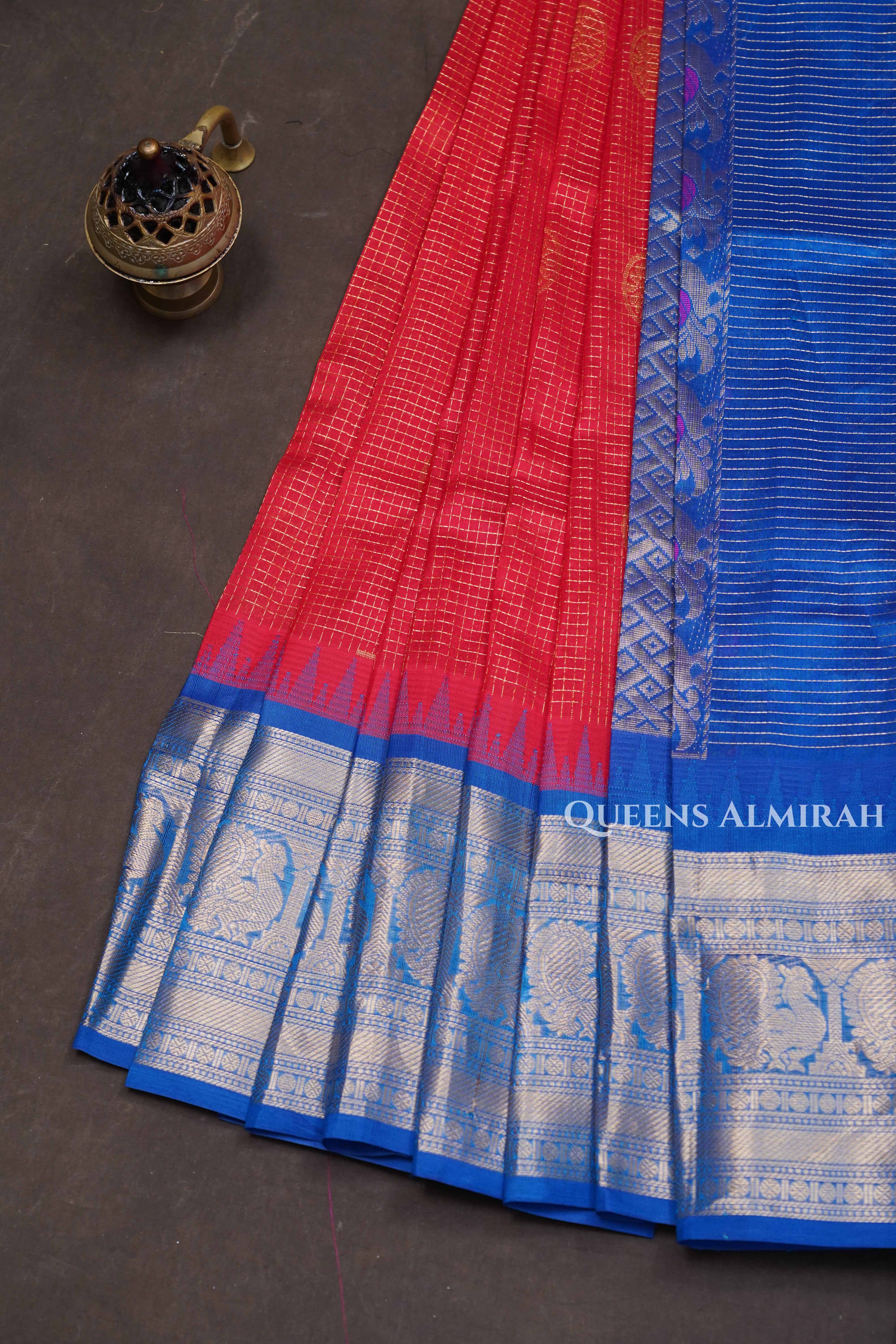 Mirchi Red With Blue Pure Silk Cotton Saree