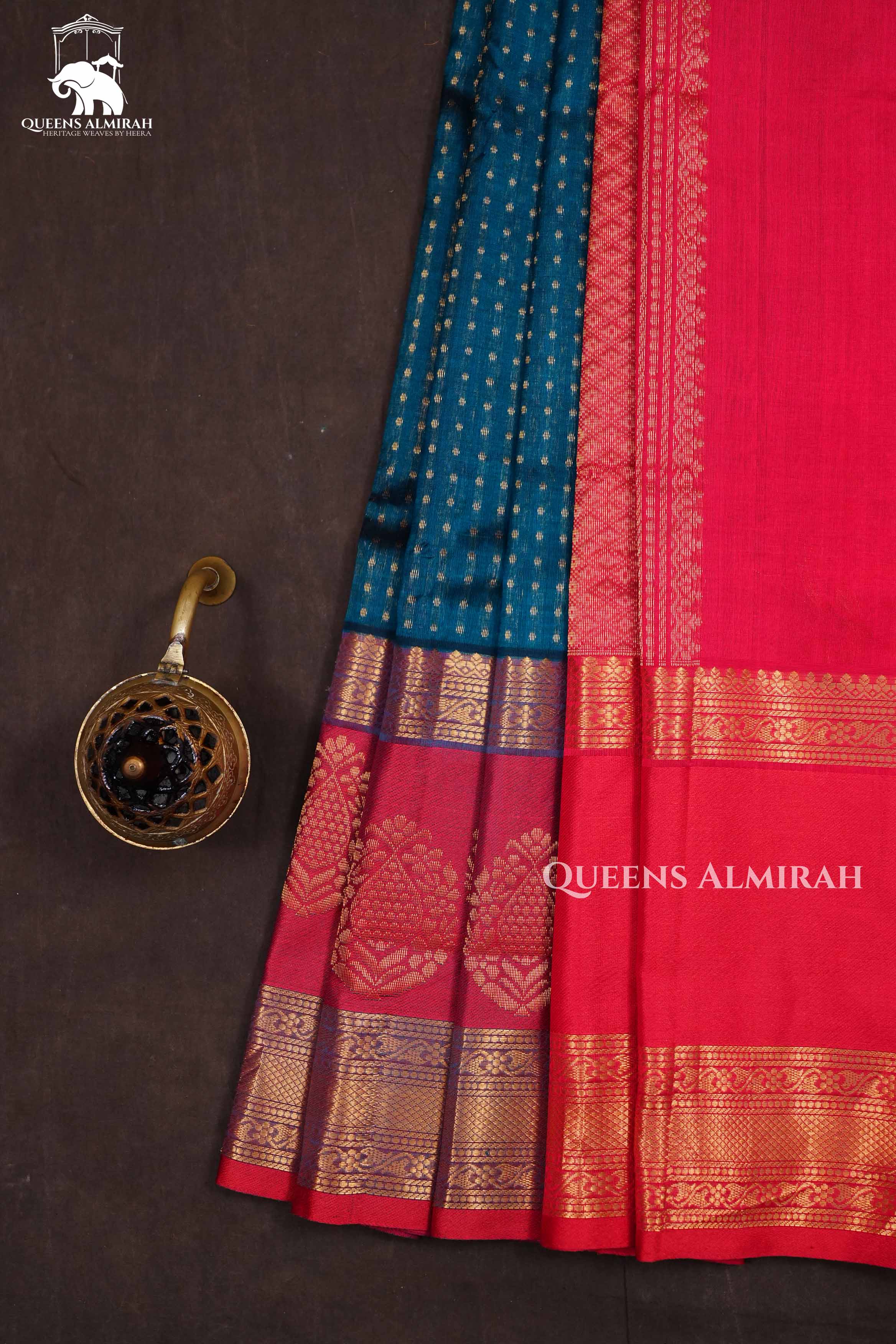Peacock Blue With Red Pure Kanchi Silk Cotton Saree