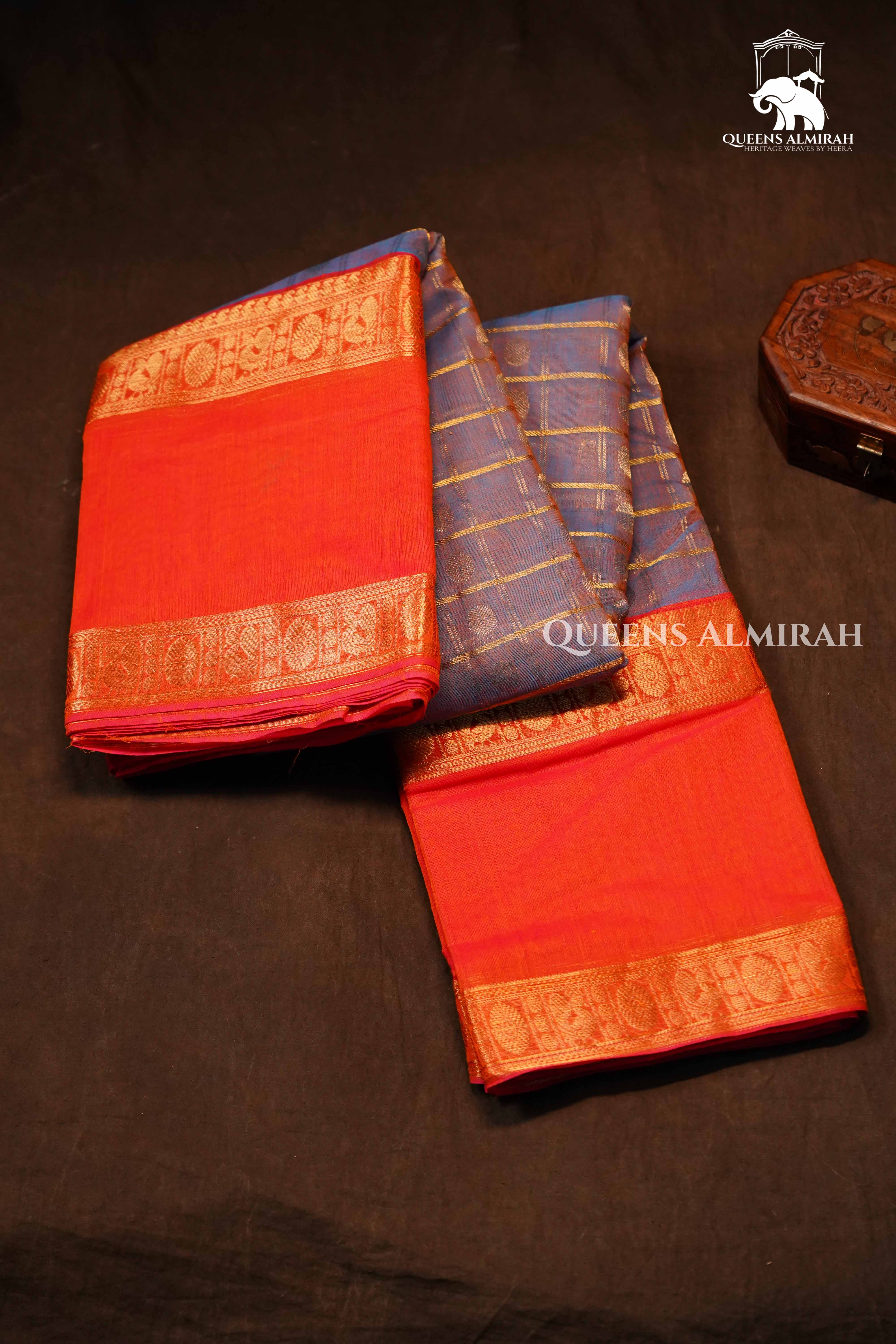 Purple Grey With Orange Chettinad Cotton Saree
