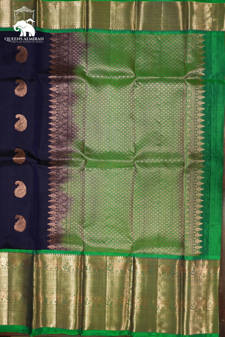 DARK PURPLE WITH SPRING GREEN KANCHIVARAM SILK SAREE - Queens Jewel Emporium