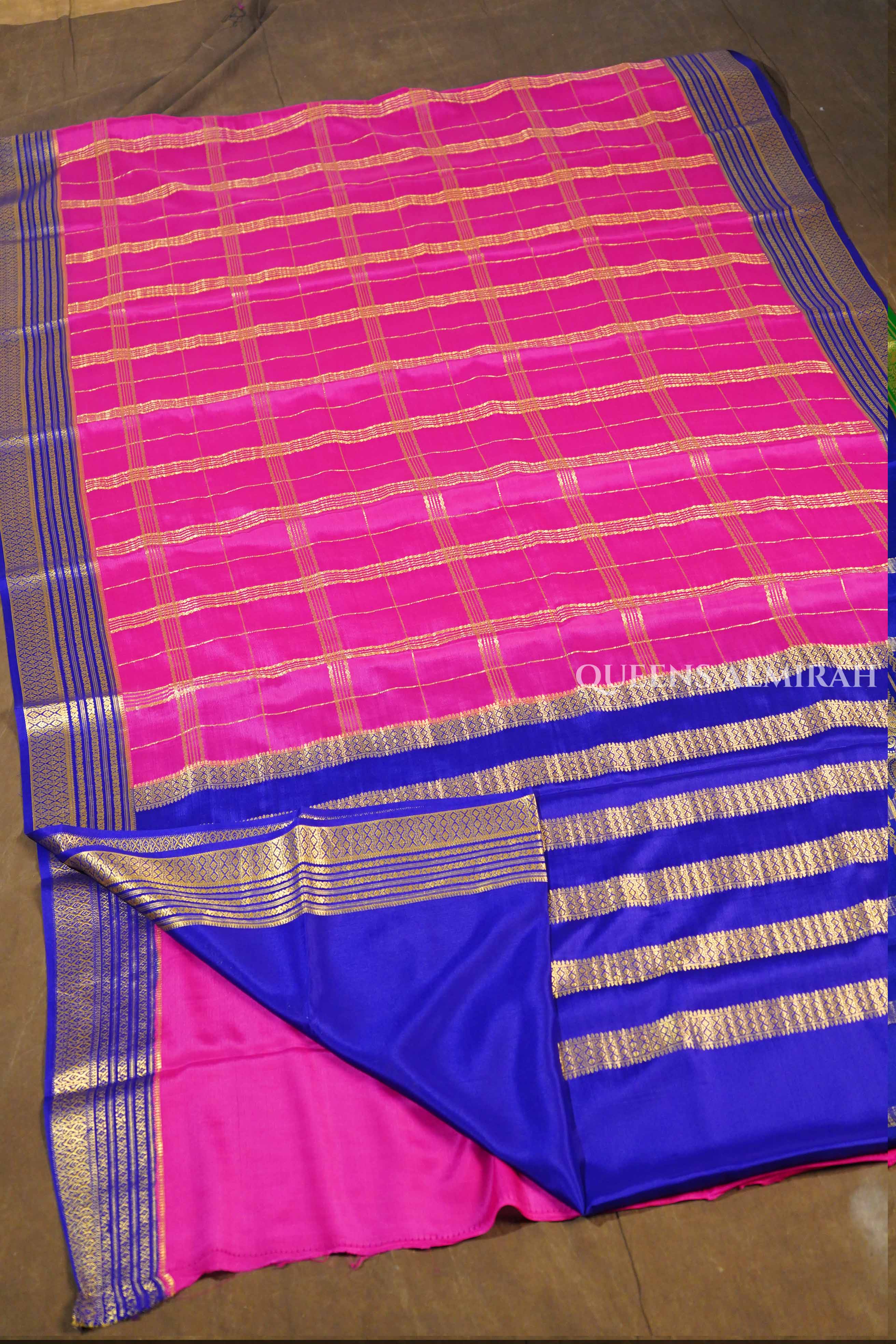 Pink With Navy Blue Mysore Silk Saree
