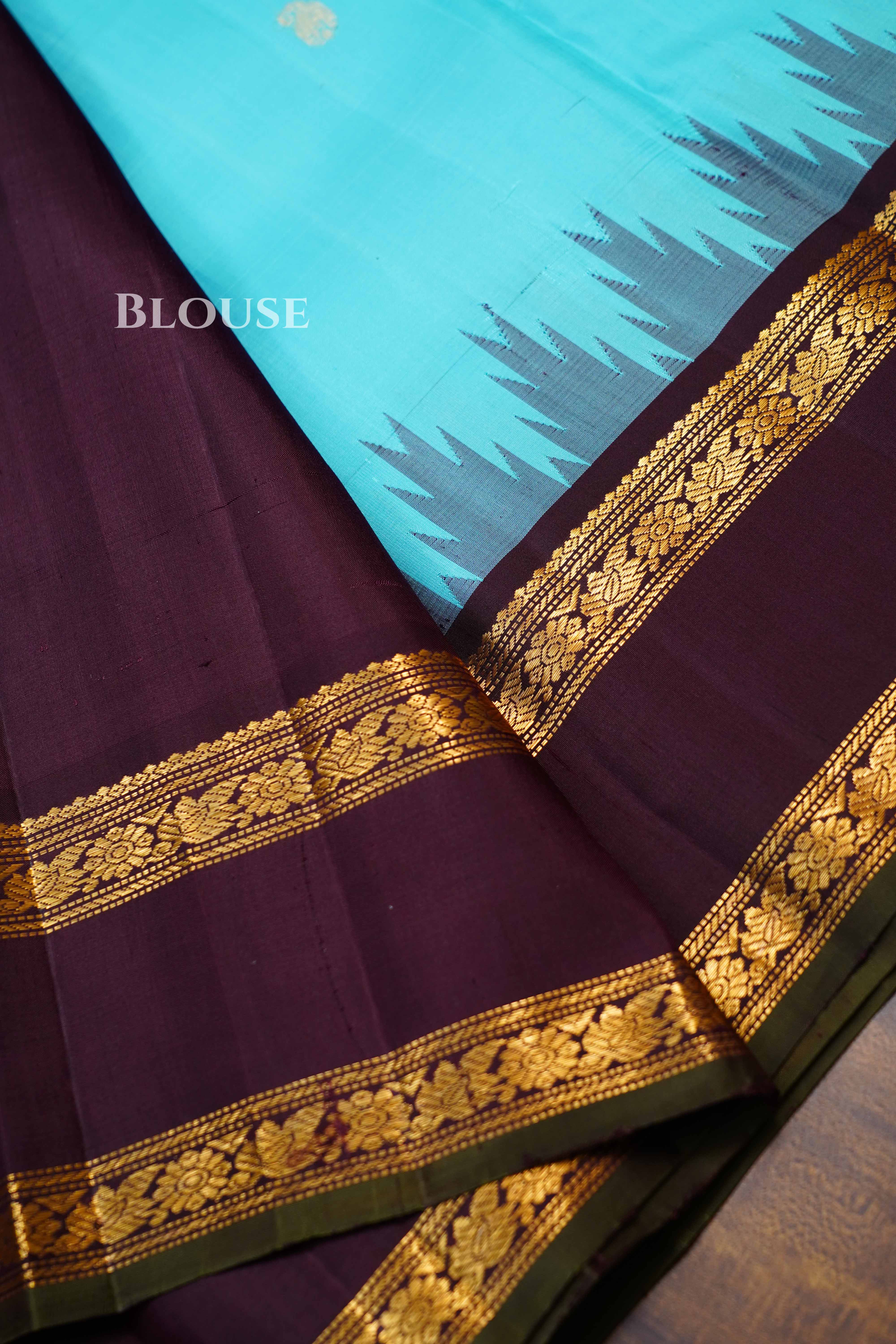 Blue With Red and Cocoa Bean Border Kanchivaram Silk Saree