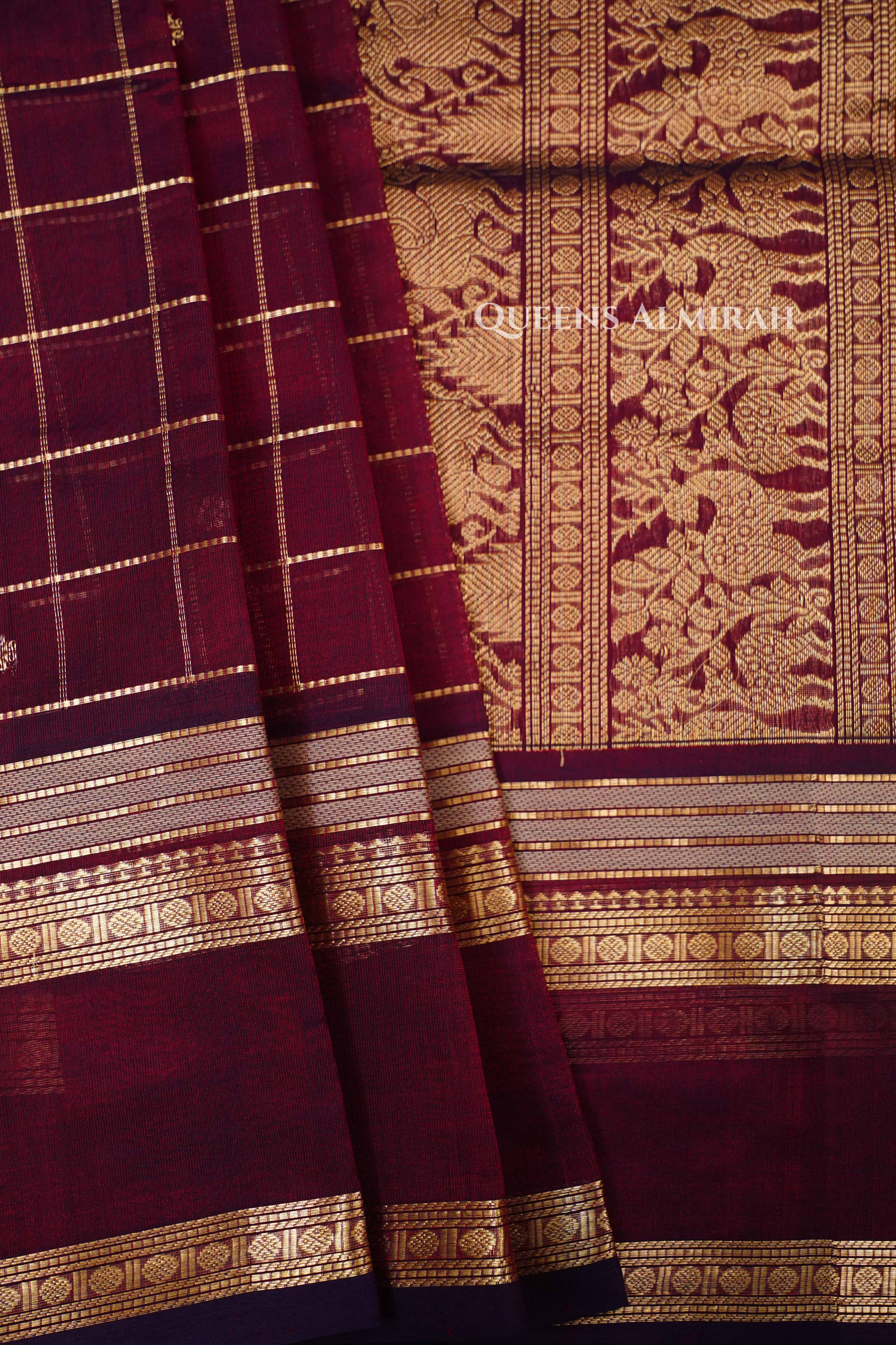 Wine Red Karaikudi Chettinad Silk Cotton Saree
