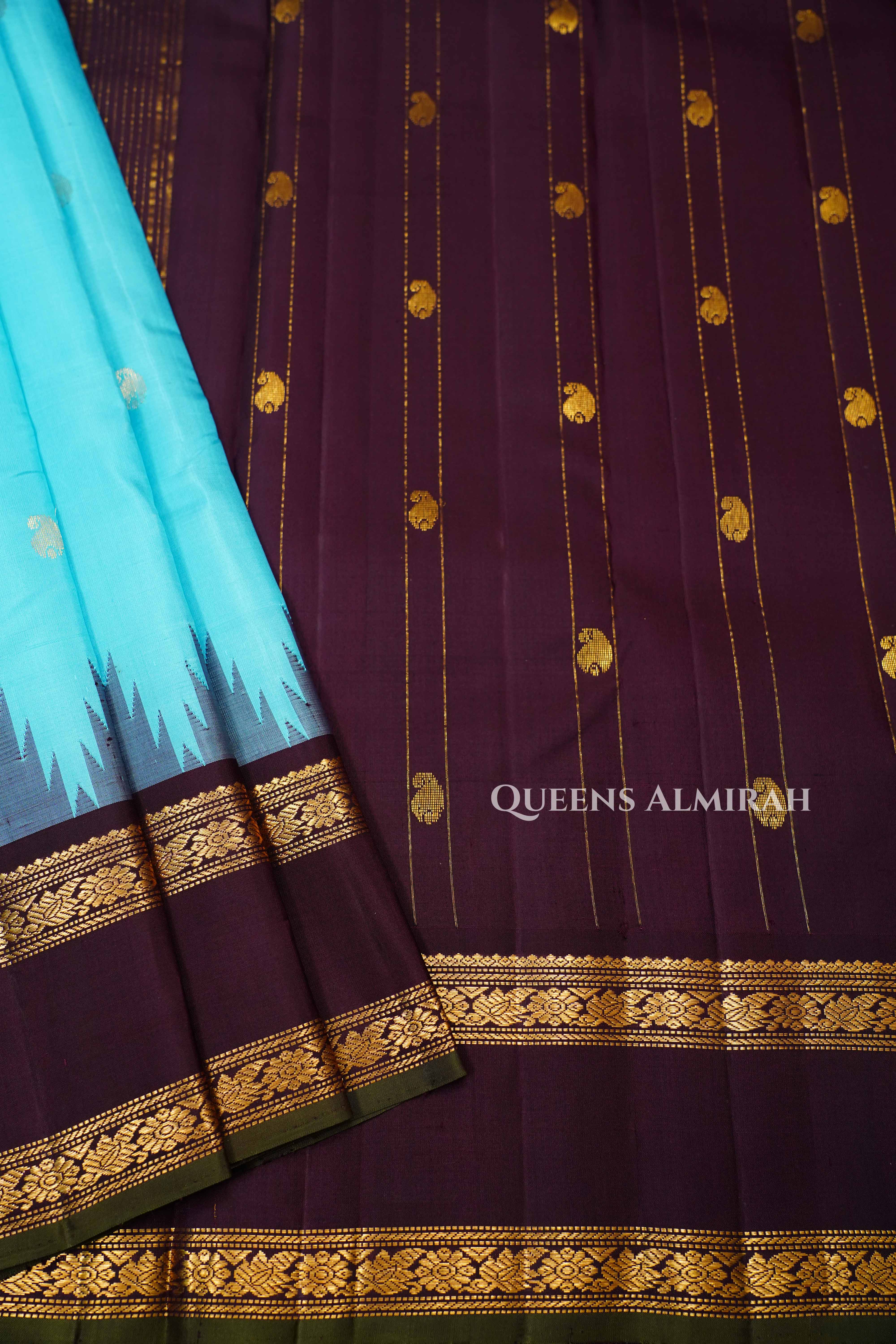 Blue With Red and Cocoa Bean Border Kanchivaram Silk Saree
