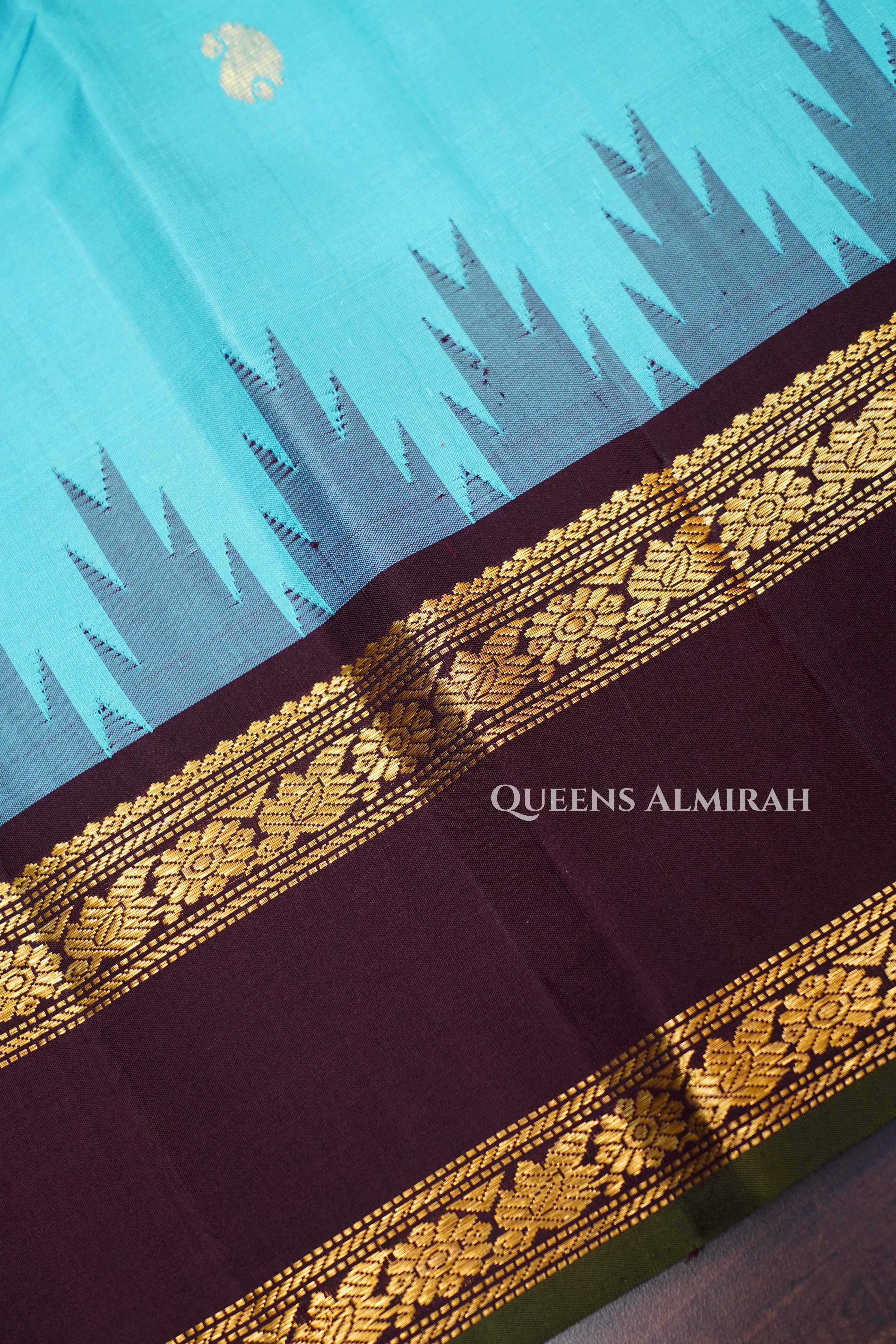 Blue With Red and Cocoa Bean Border Kanchivaram Silk Saree