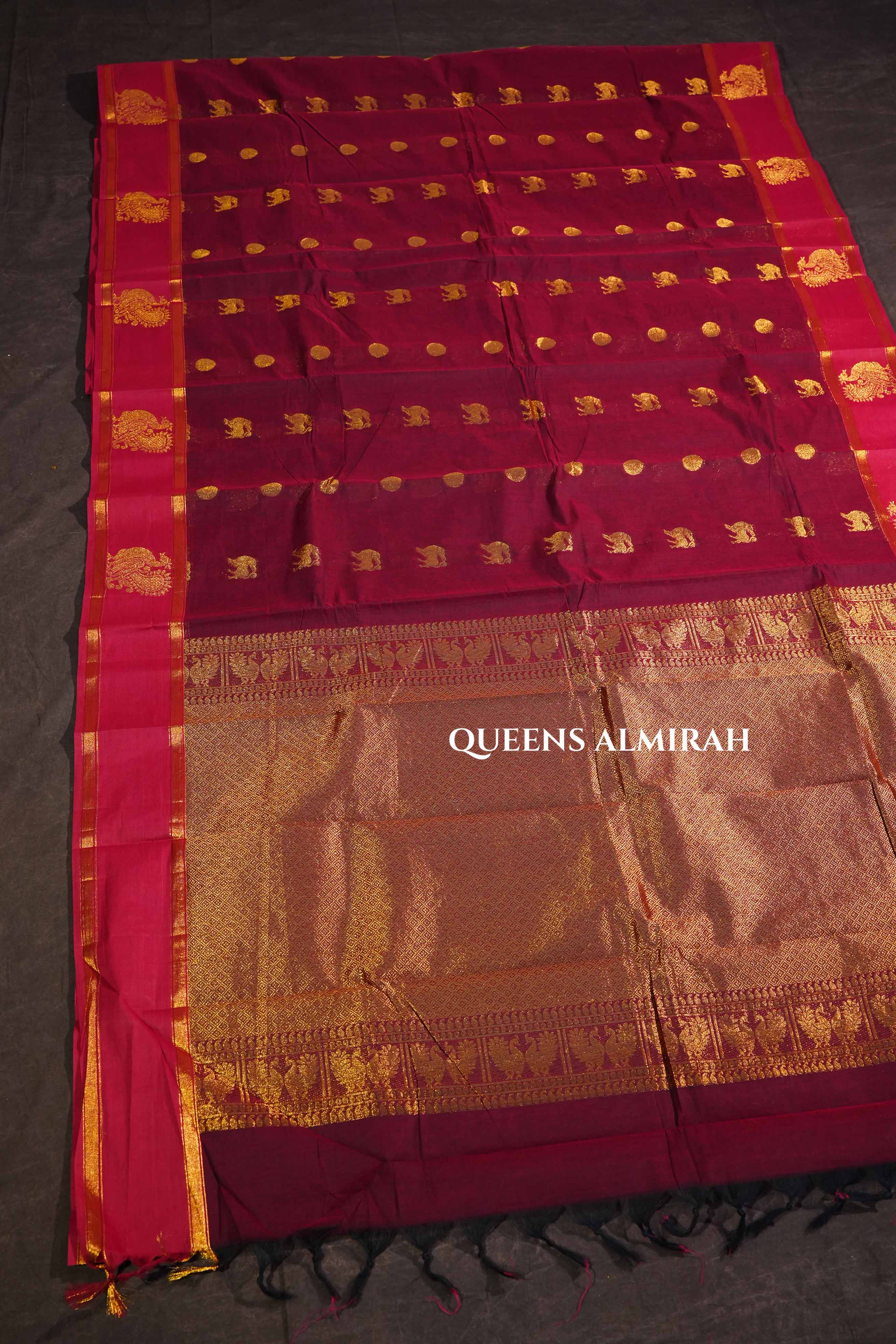 Araku Maroon With Pink Peacocok Border Kanchi Cotton Saree