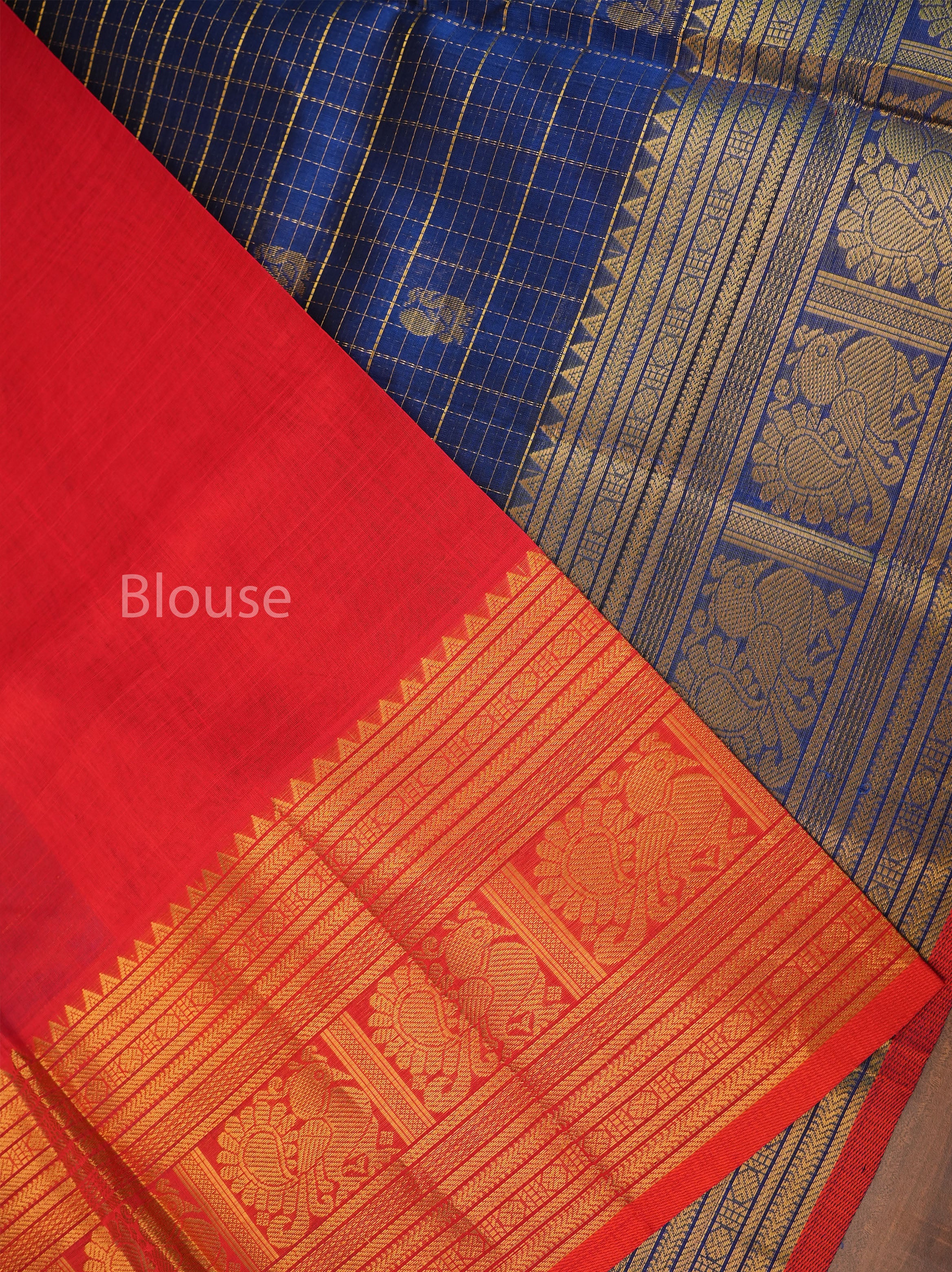 Blue With Red Pure Silk Cotton Saree