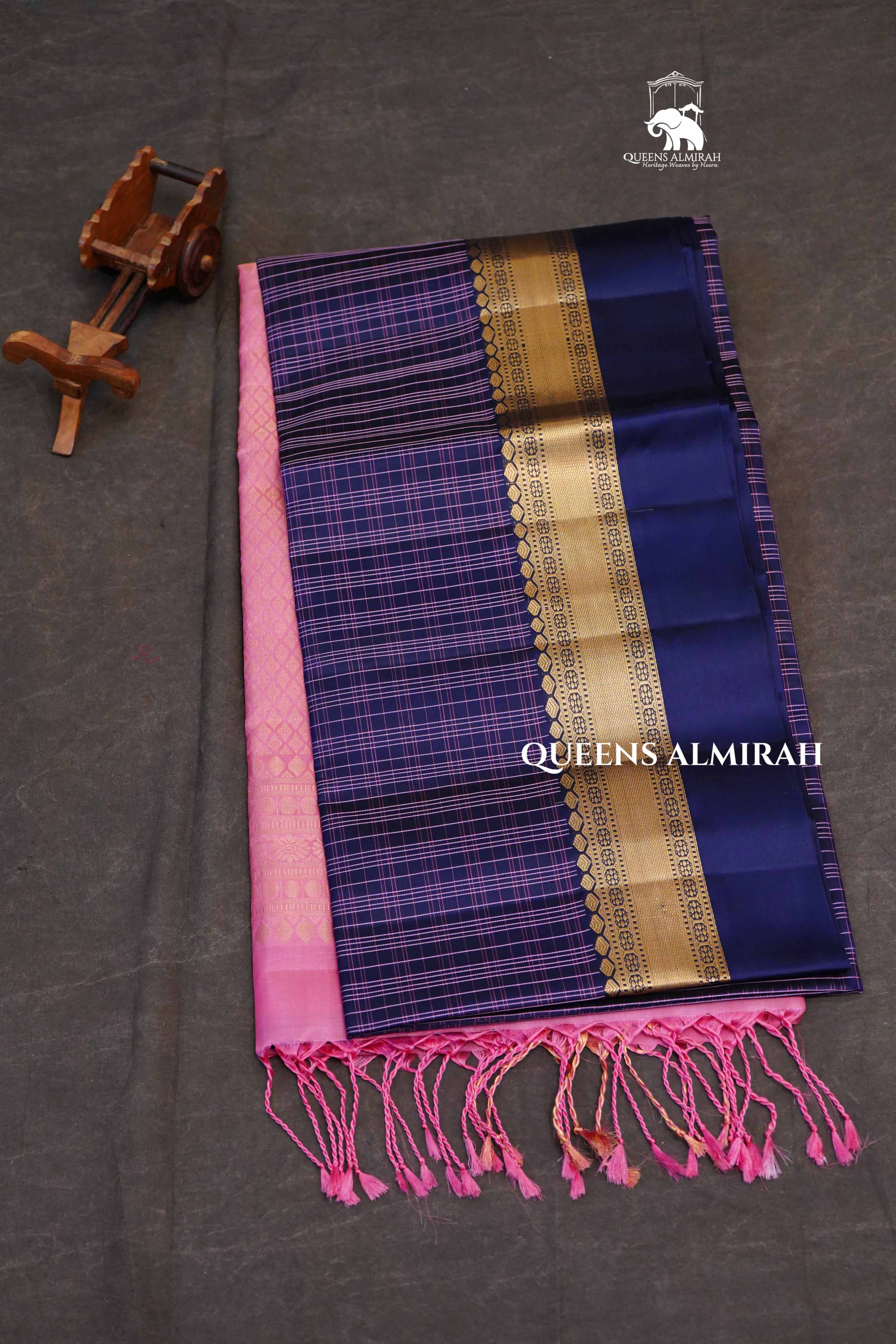 Dark Navy Blue With Pink Pure Pure Soft Silk Saree