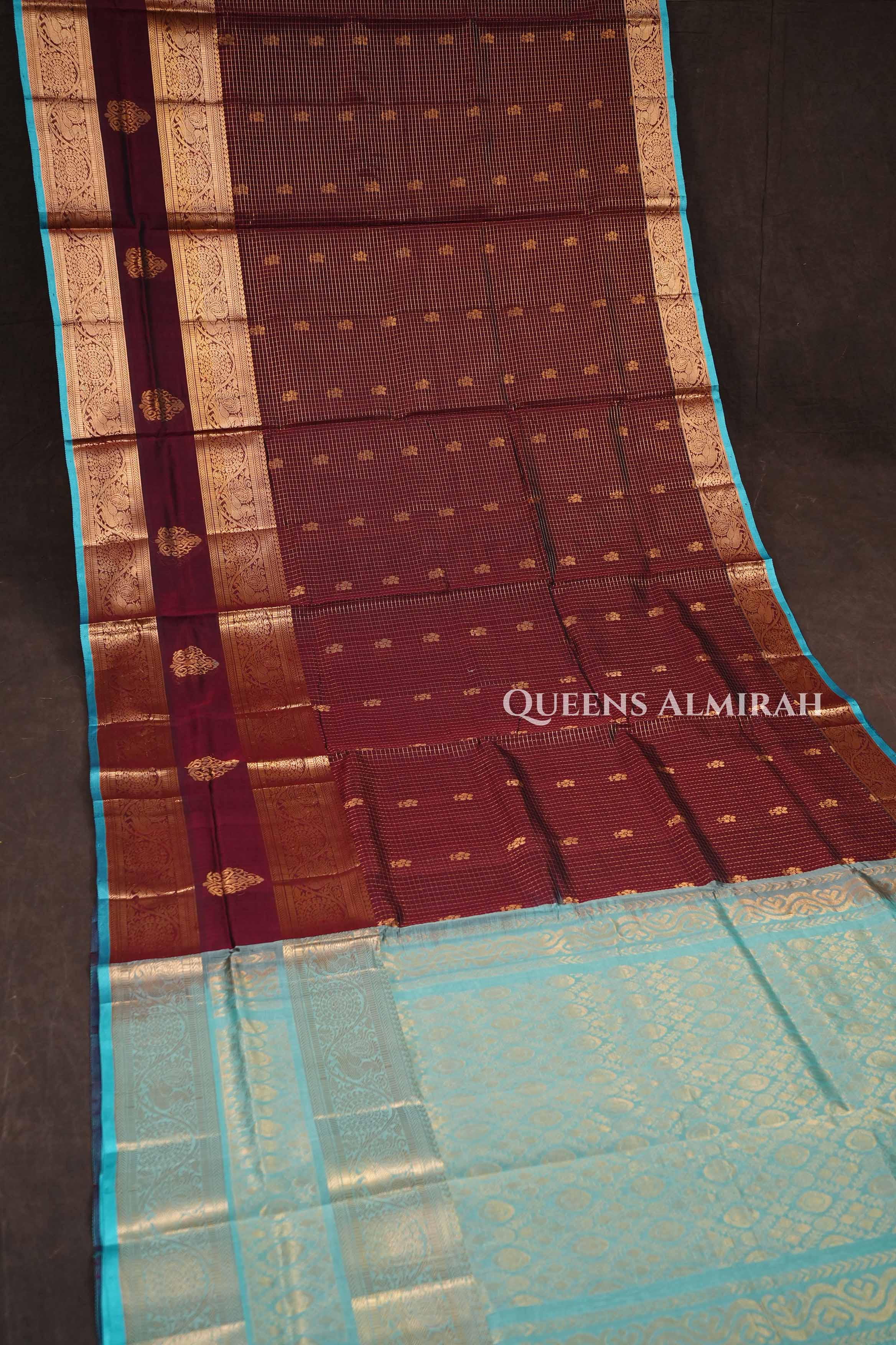 Maroon With Blue Pure Silk Cotton Saree