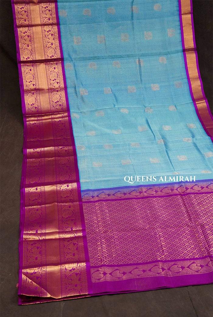 Blue Kattam With Purple Long And Short Border Pure Silk Cotton Saree