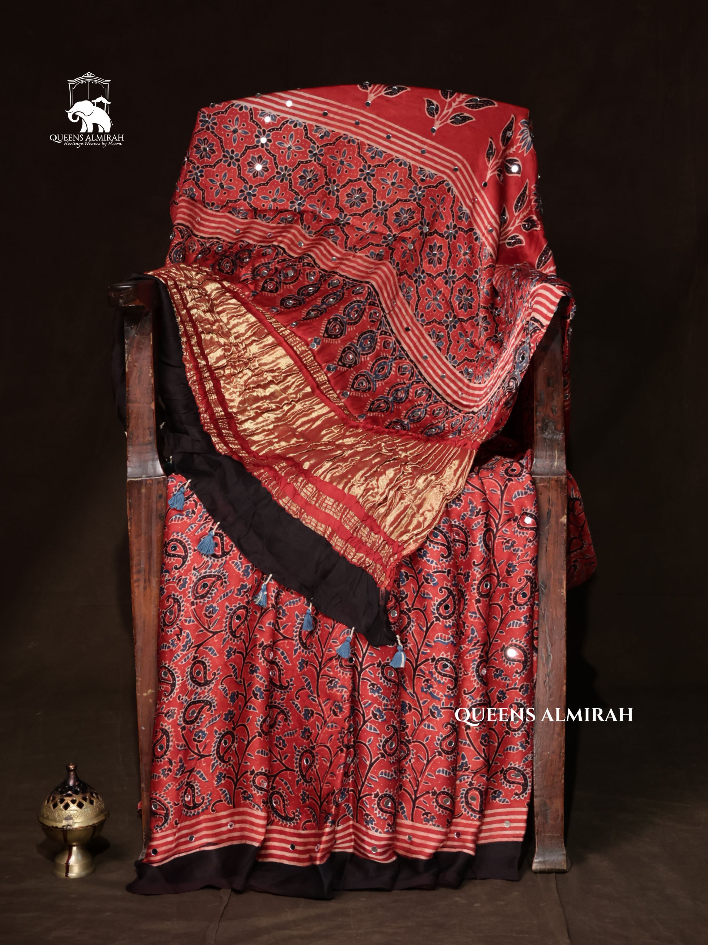 Maroon Mirror Work Ajrakh Modal Silk Saree