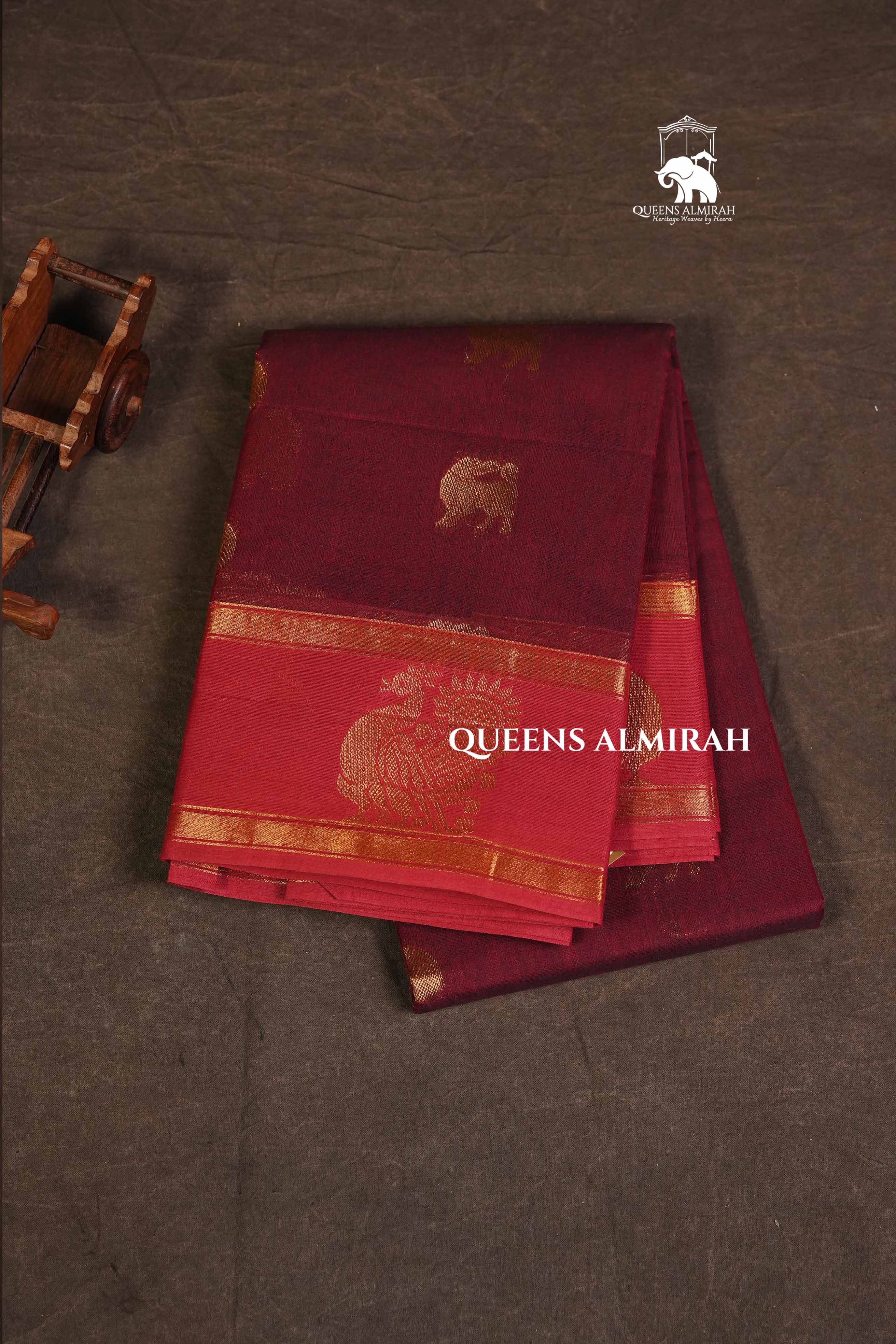 Araku Maroon With Pink Peacocok Border Kanchi Cotton Saree