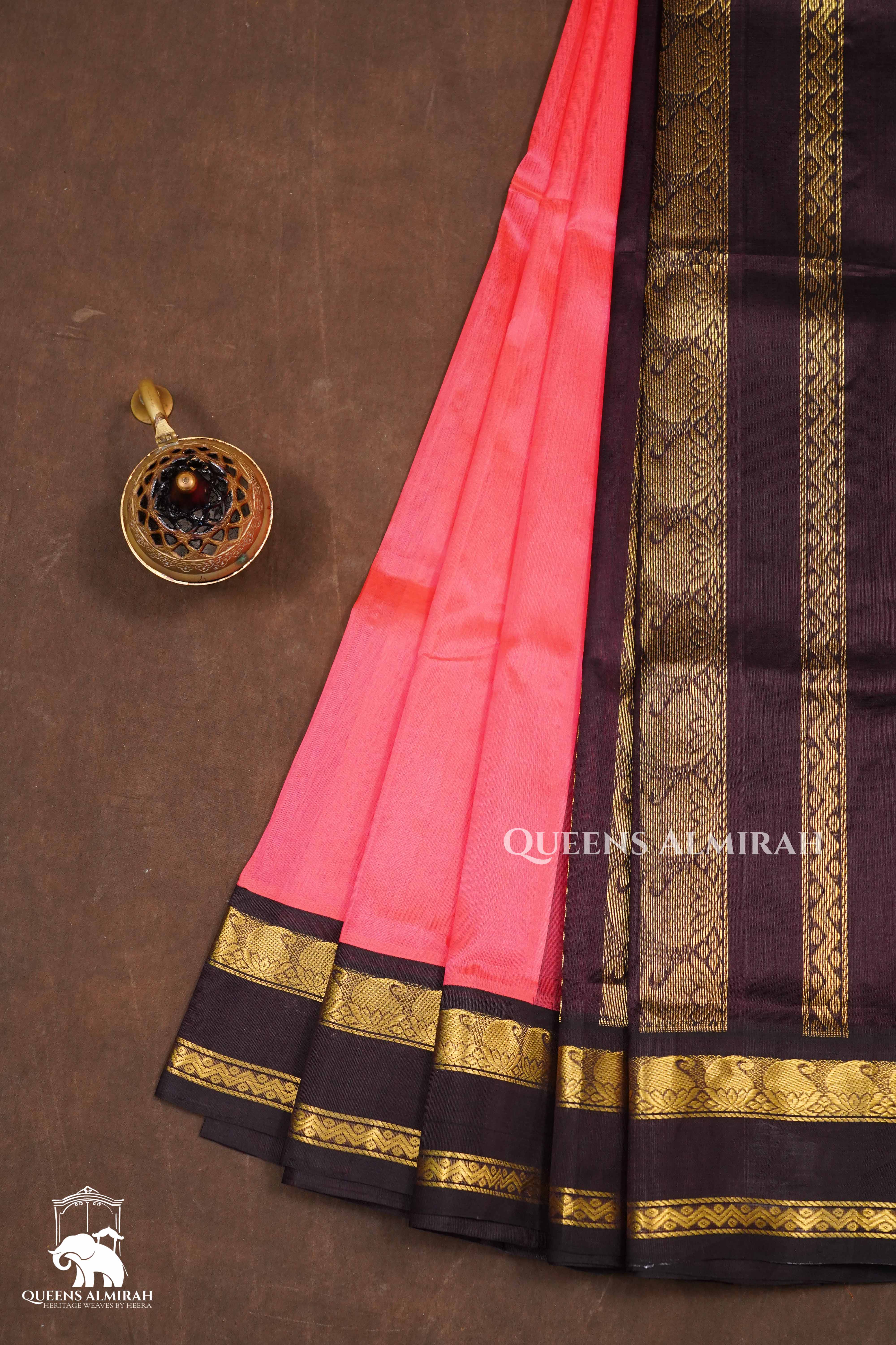 Fluorescent Pink With Black Pure Kanchi Silk Cotton Saree