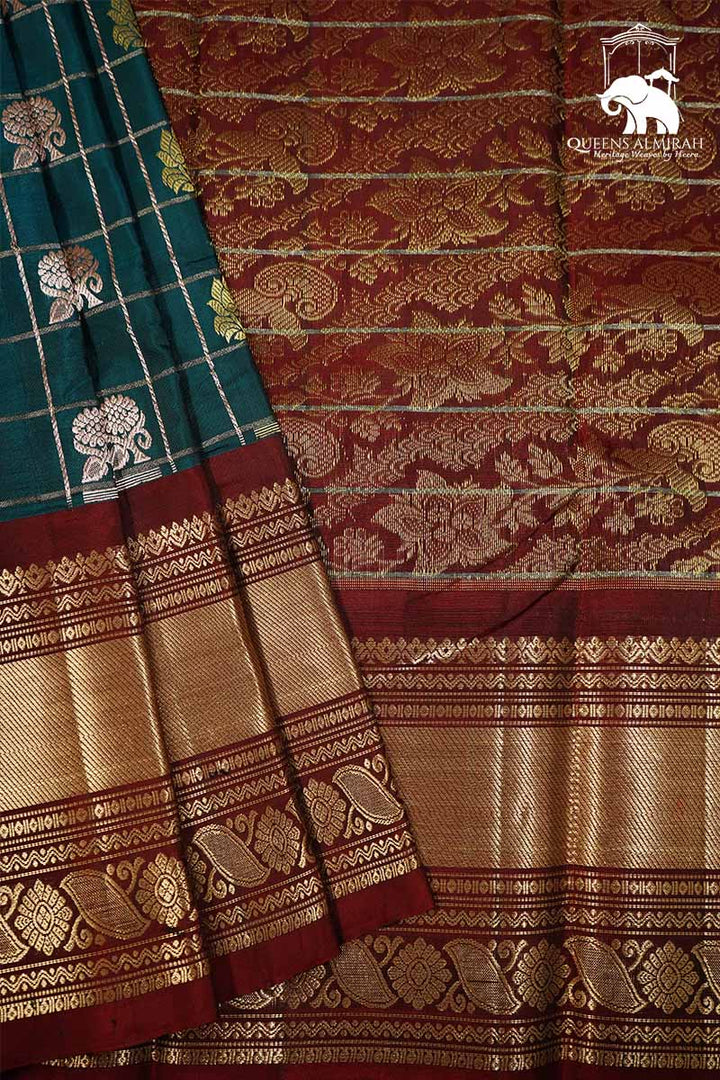 BLUE DIANE WITH WINE BERRY PURE  KANCHIVARAM SILK SAREE - Queens Jewel Emporium