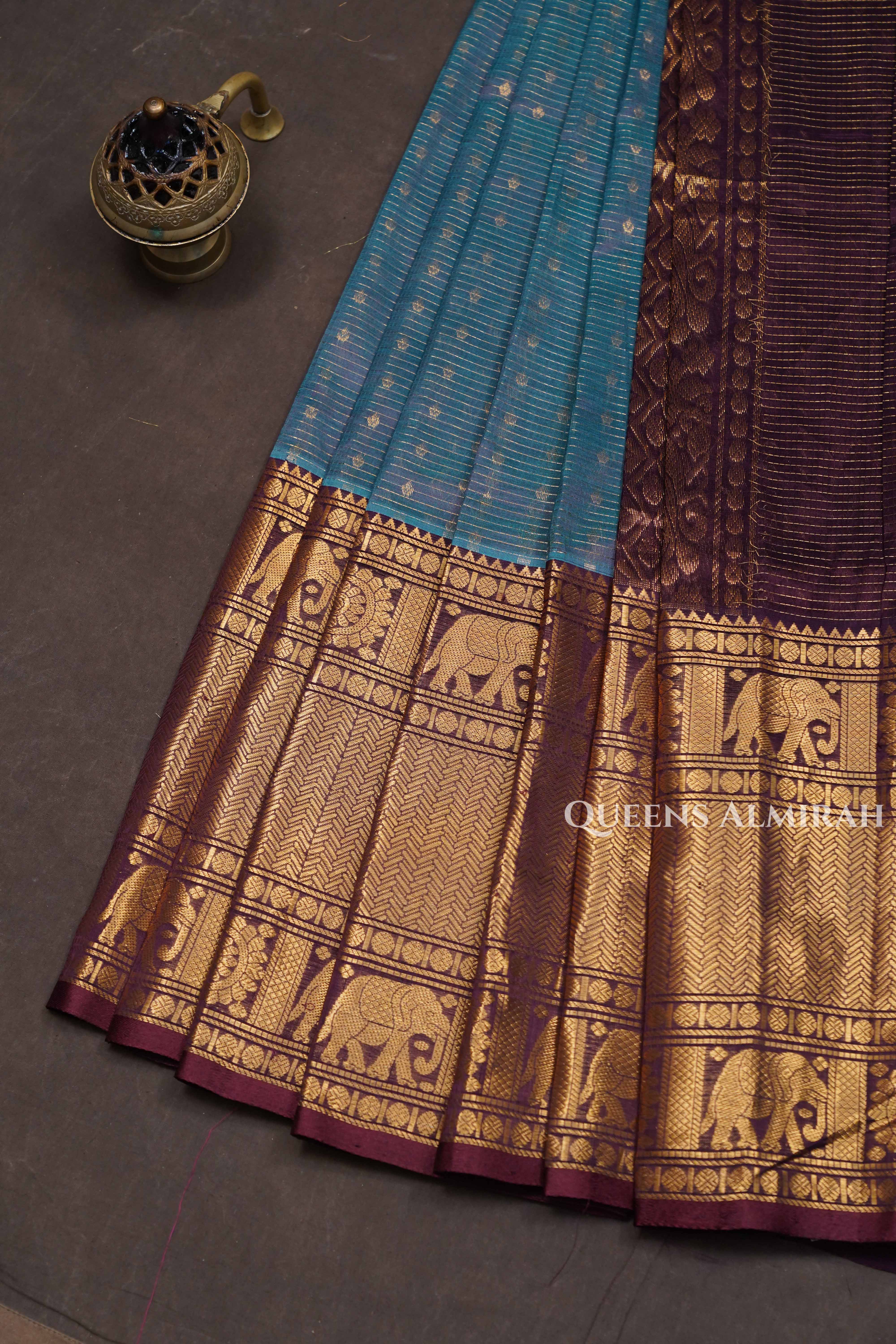 Ash Blue With Maroon Pure Silk Cotton Saree
