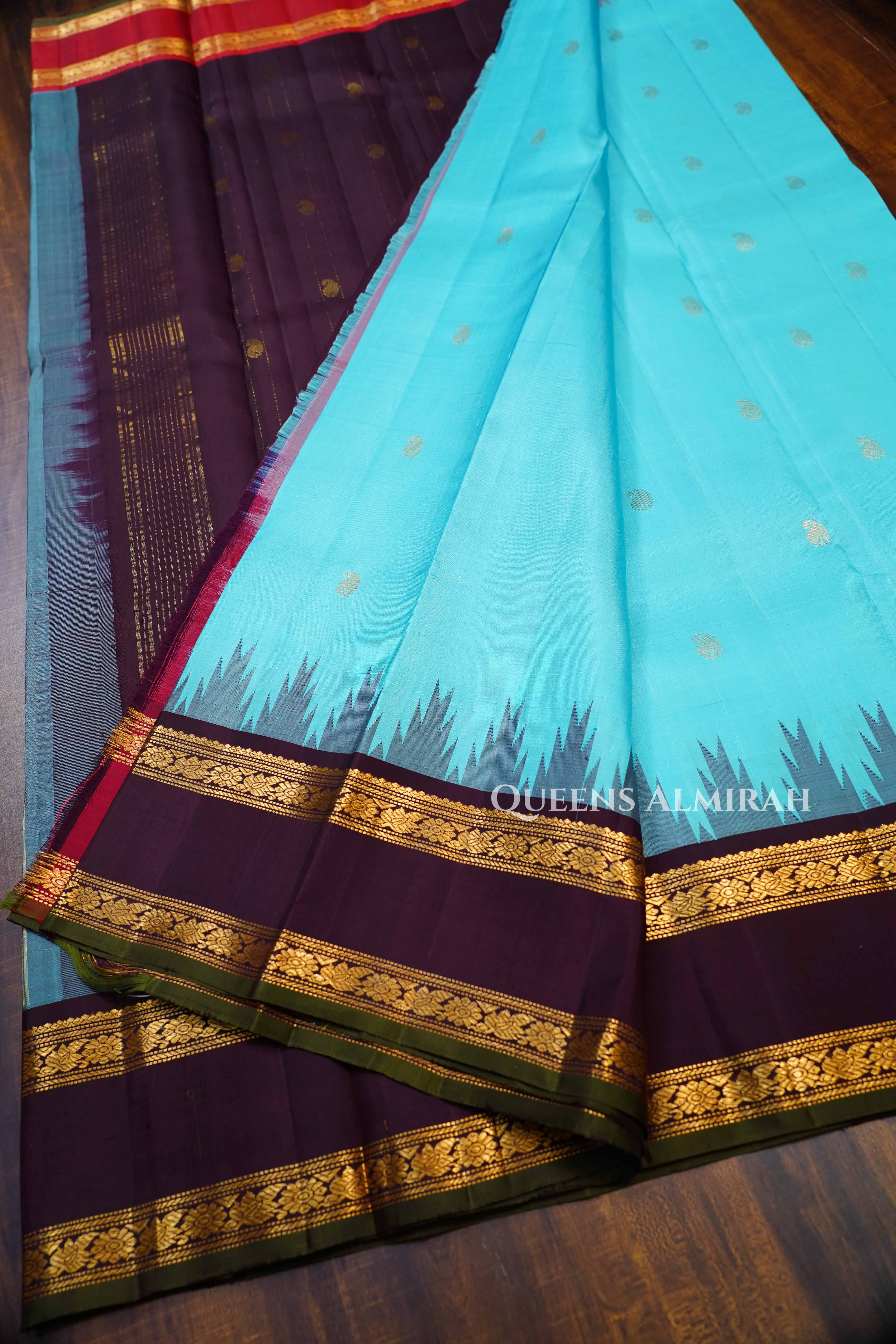 Blue With Red and Cocoa Bean Border Kanchivaram Silk Saree