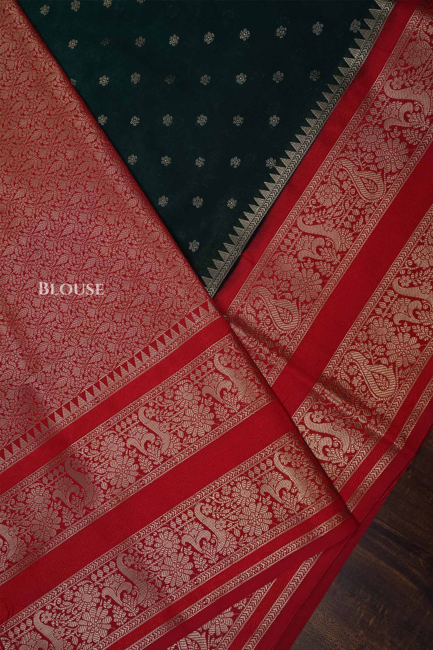 Dark Green With Red Semi Banarasi Katan Soft Silk Saree