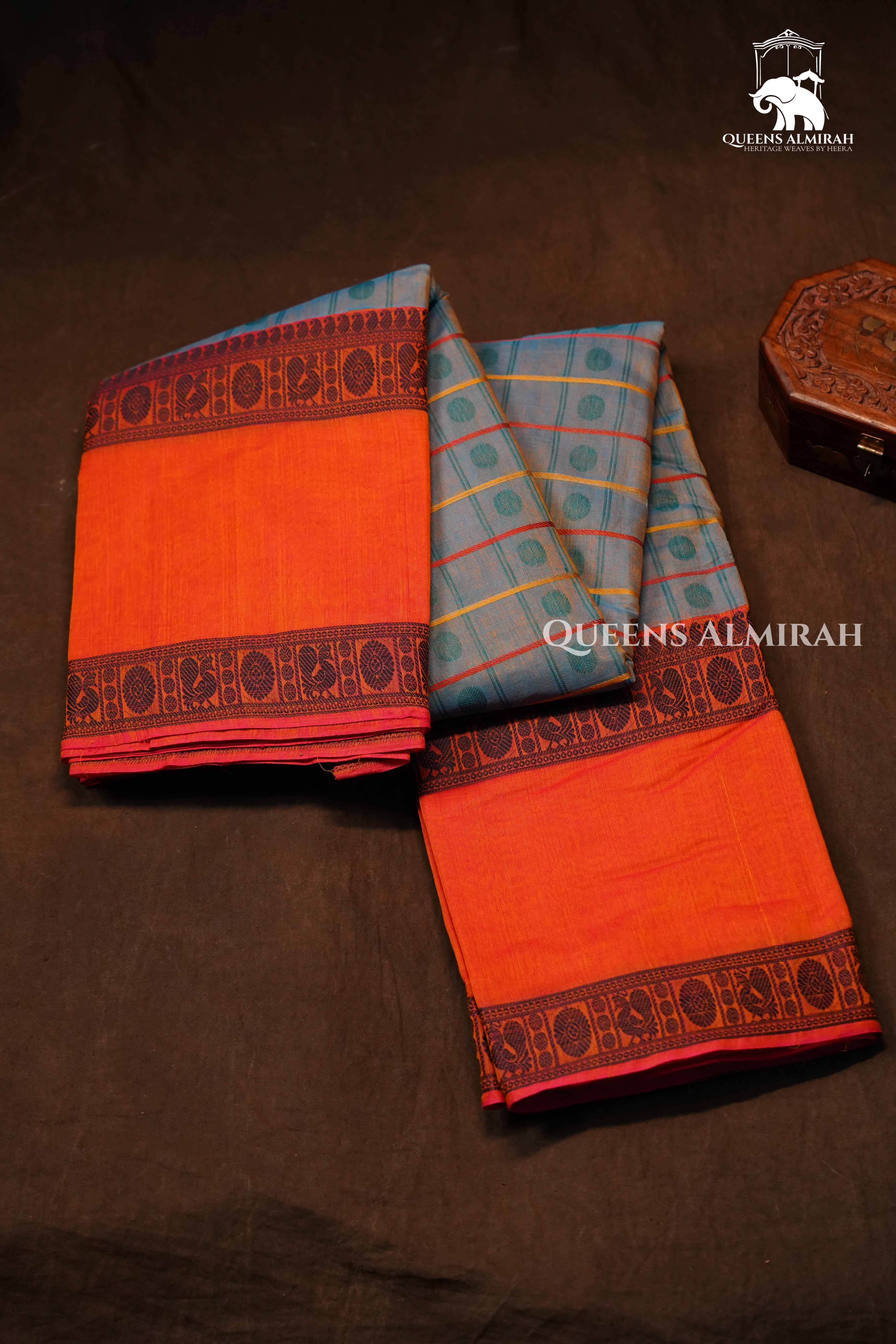 Grey With Orange Chettinad Cotton Saree