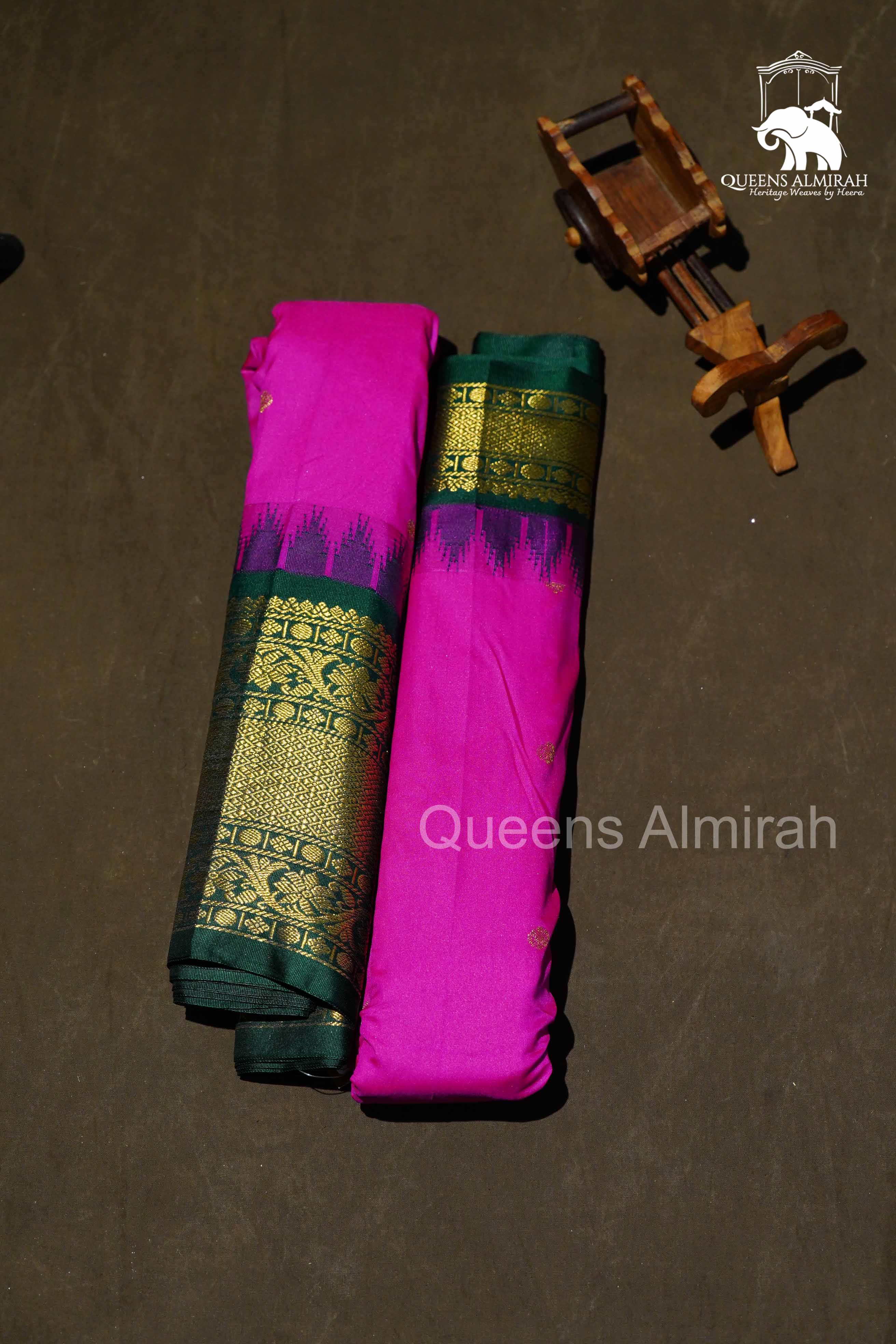Rani Pink With Green Border Semi Gadwal Silk Saree