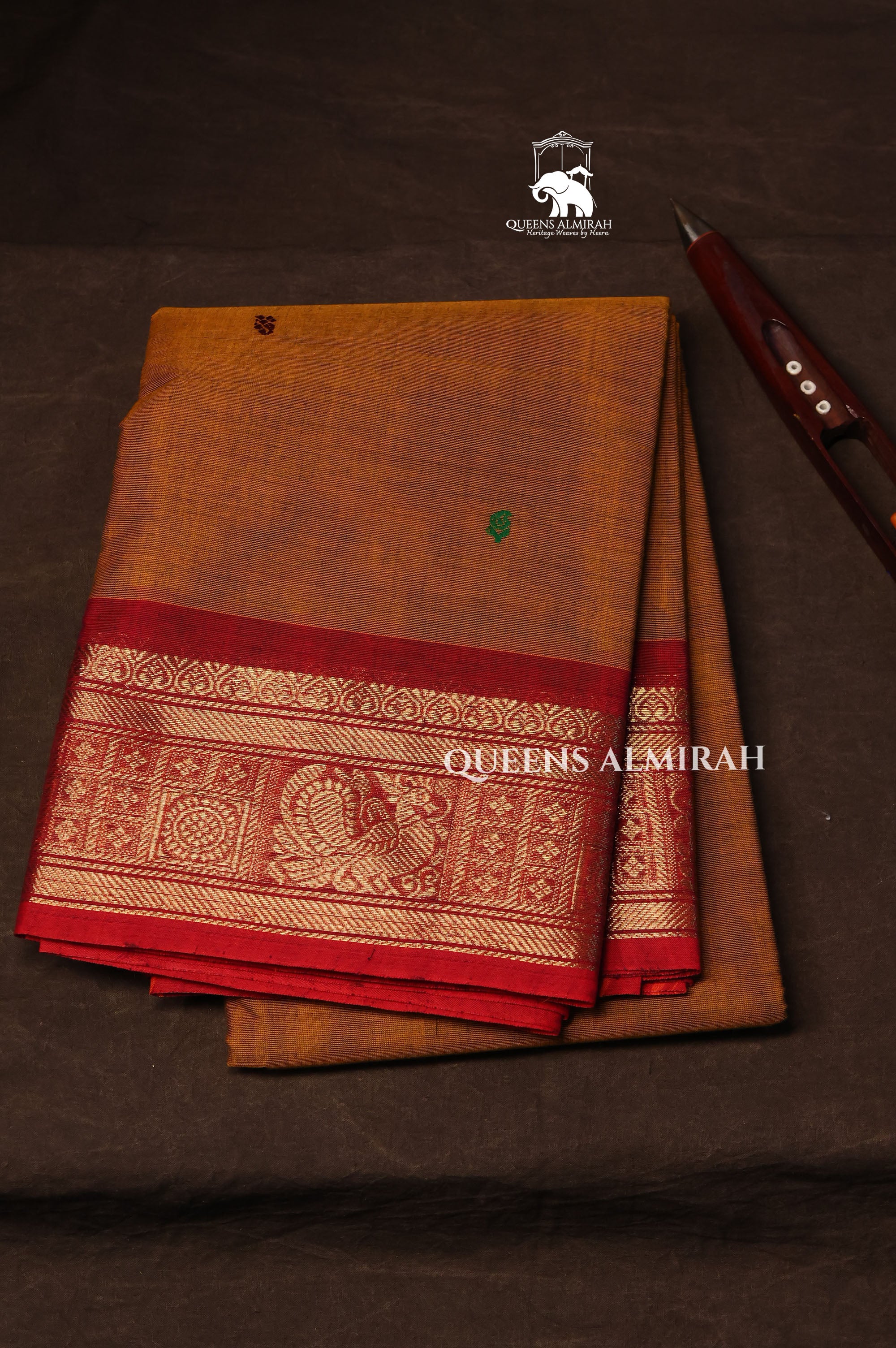 Brown With Red Kanchi Cotton Saree