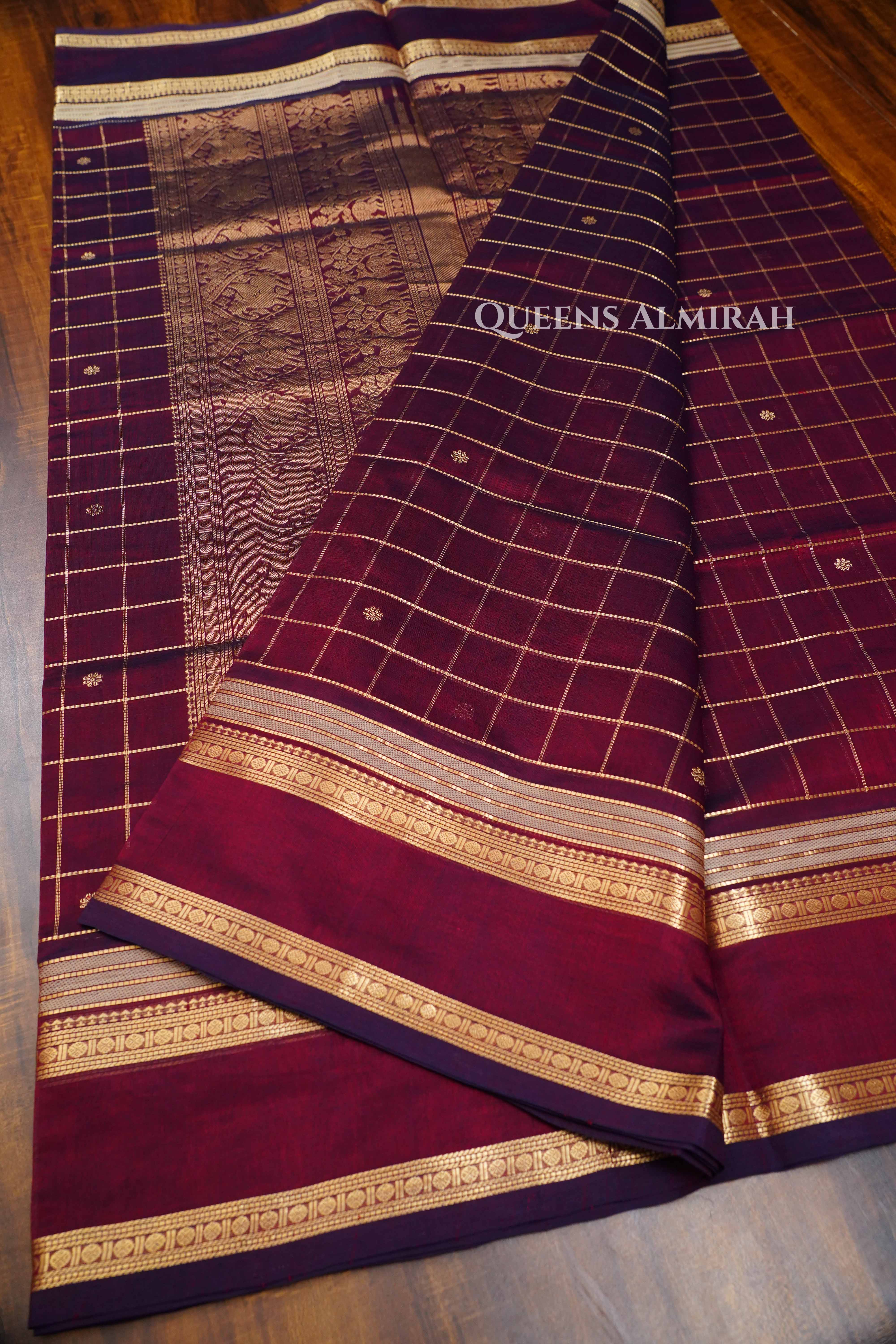 Wine Red Karaikudi Chettinad Silk Cotton Saree
