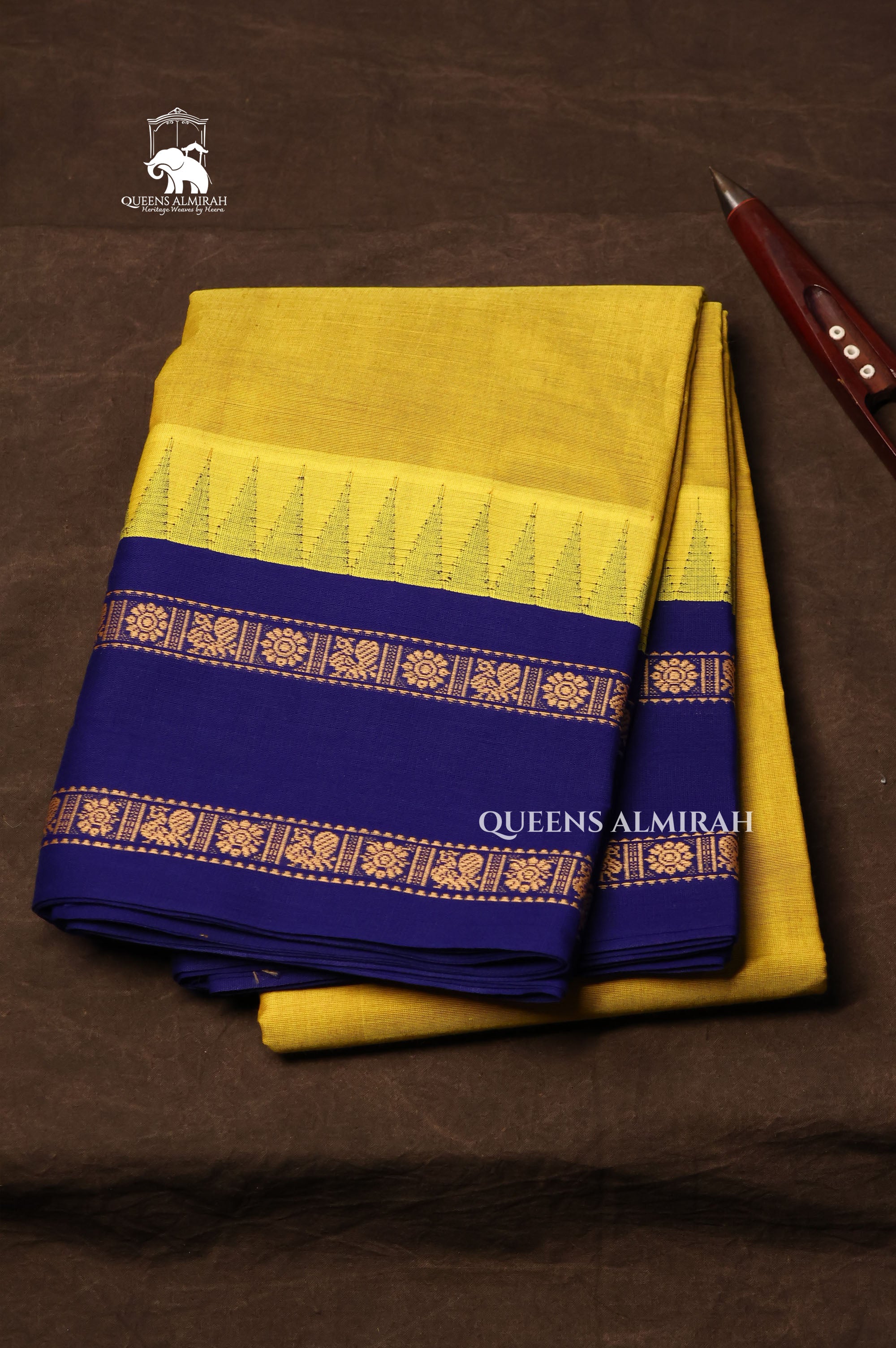 Yellow With Blue Chettinad Cotton Saree
