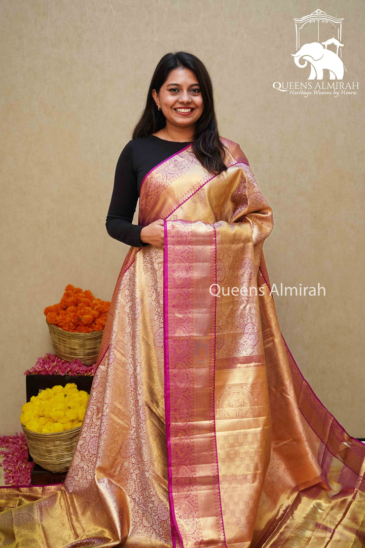 IVORY GOLD WITH PINK KANCHIVARAM  SILK SAREE - Queens Jewel Emporium
