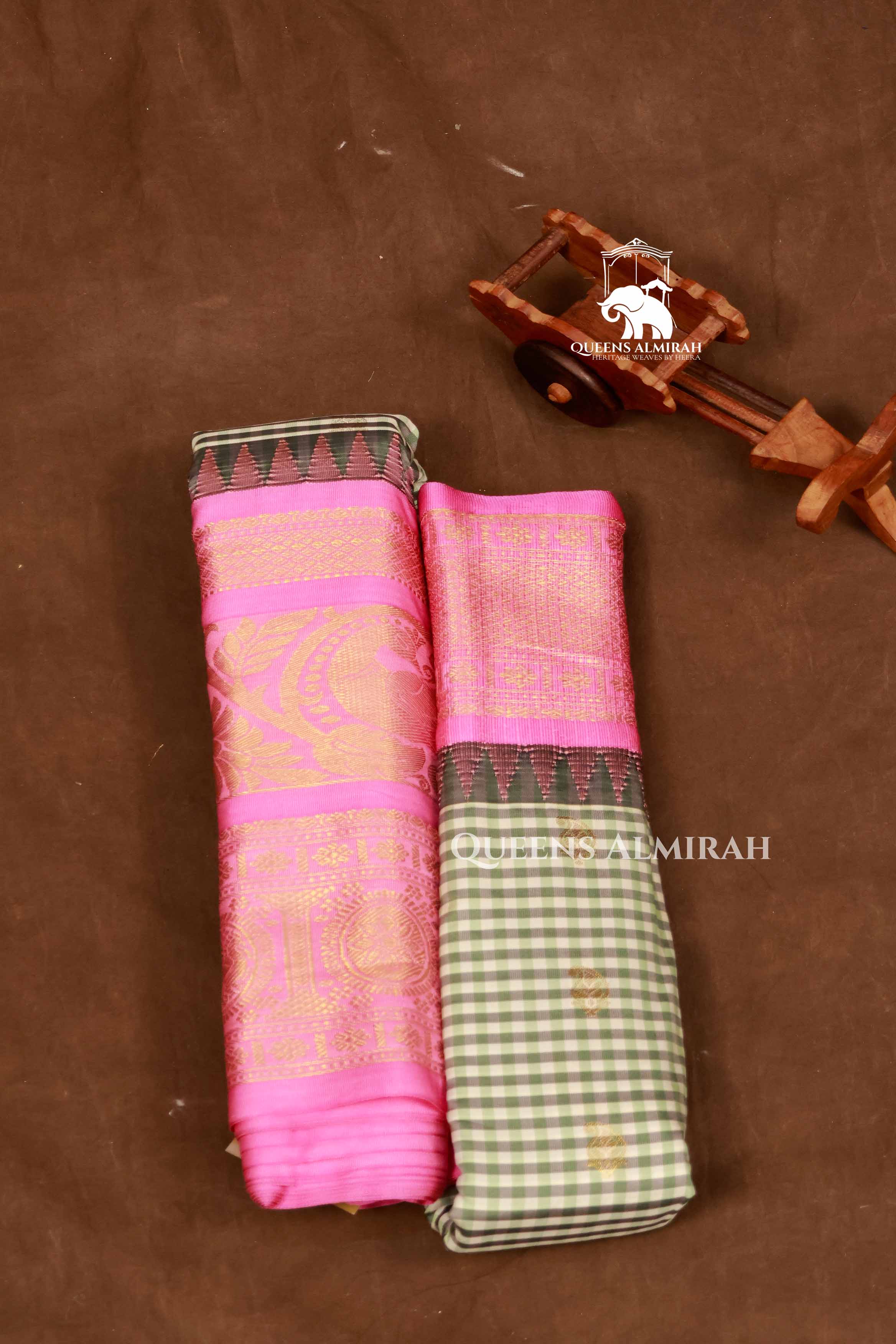 Green And White Kattam With Pink Semi Gadwal Silk Saree