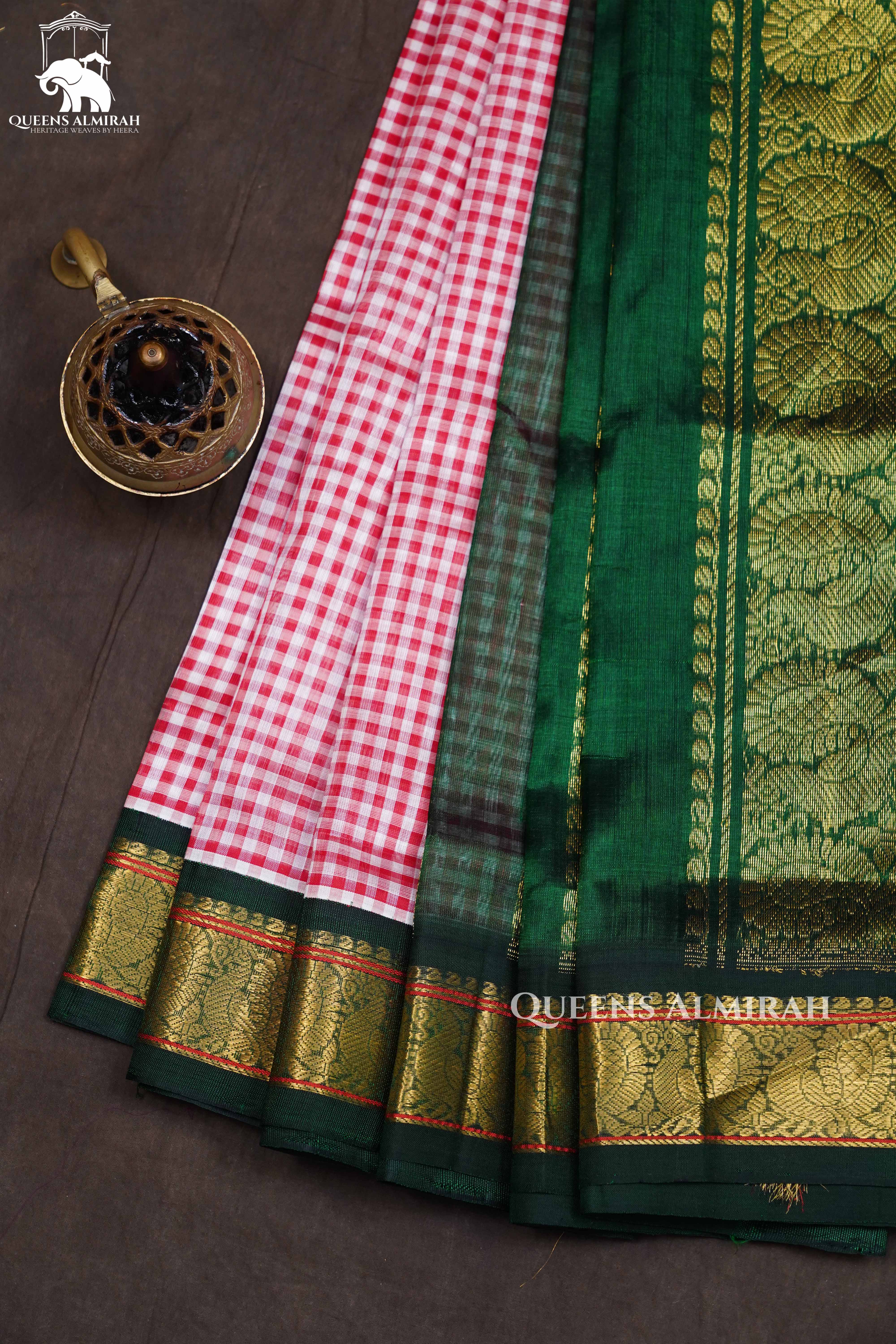 White And Red Checked With Green Pure Silk Cotton Saree