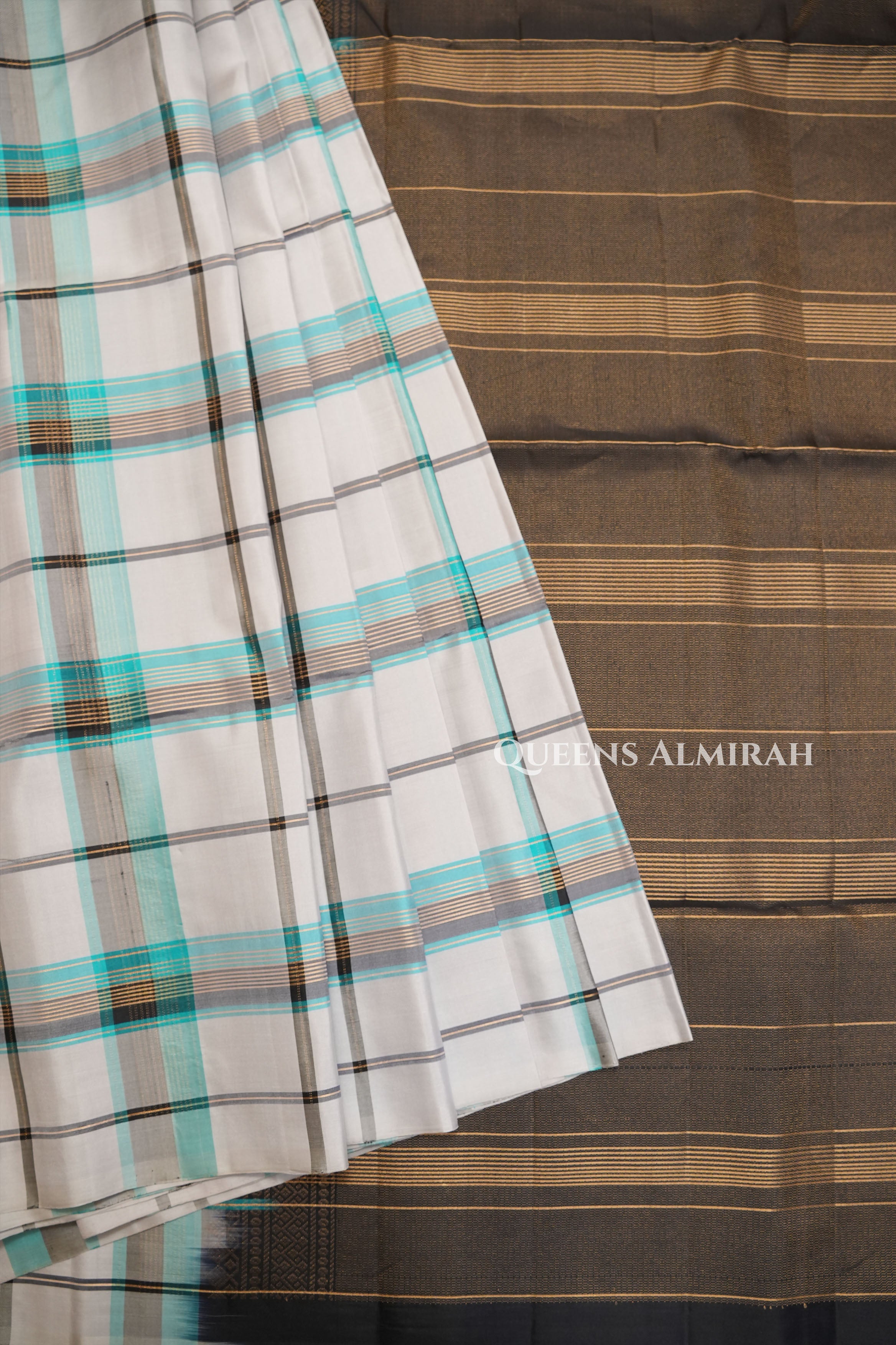 Silver With Turquoise Blue Burberry Checks Pure Soft Silk Saree